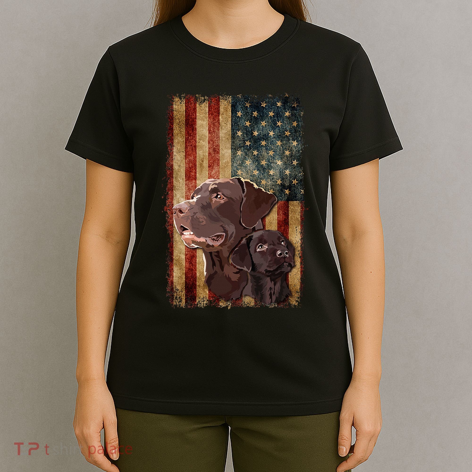 Retro Chocolate Lab With Usa Flag Gift Chocolate Lab Dad Mom T-Shirt