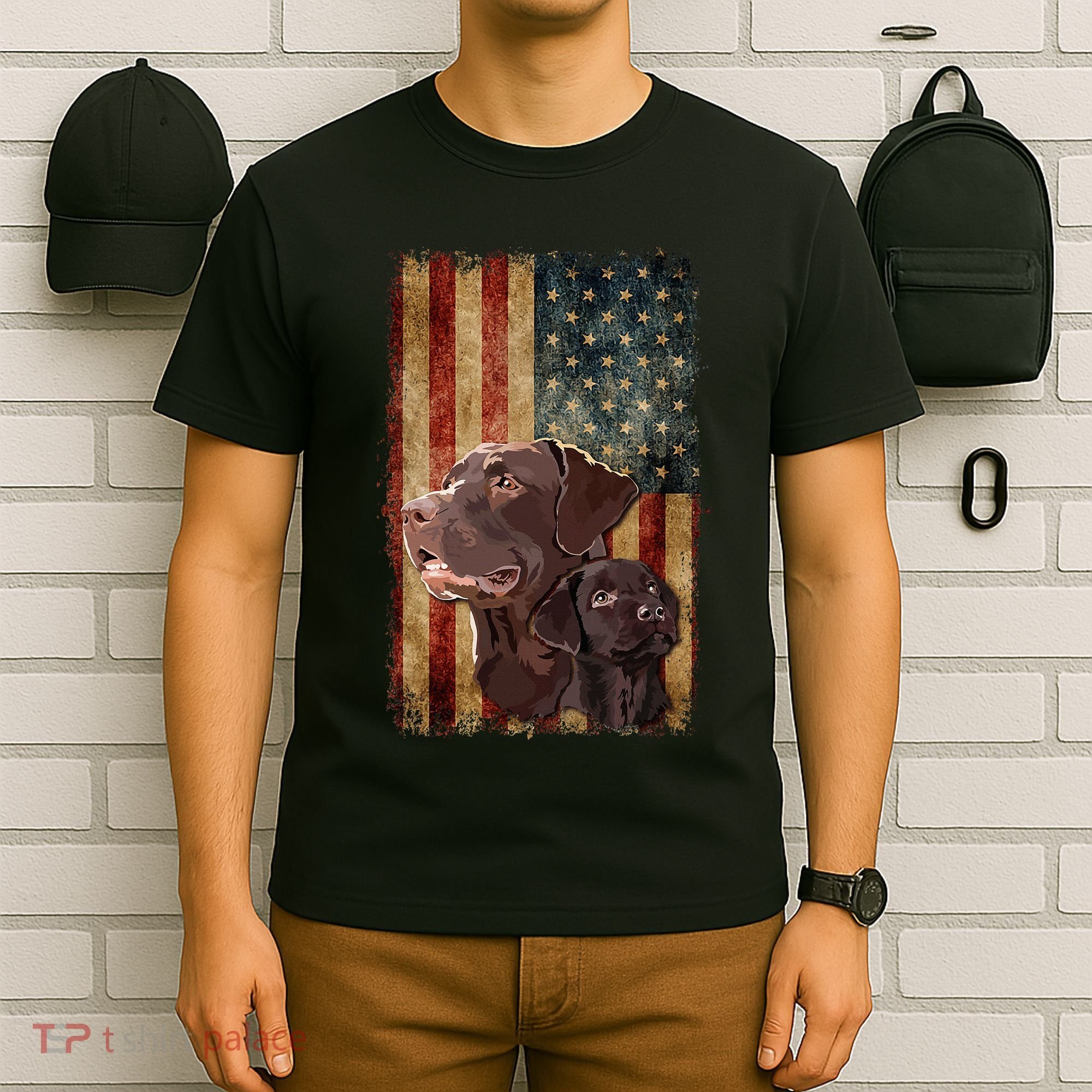 Retro Chocolate Lab With Usa Flag Gift Chocolate Lab Dad Mom T-Shirt