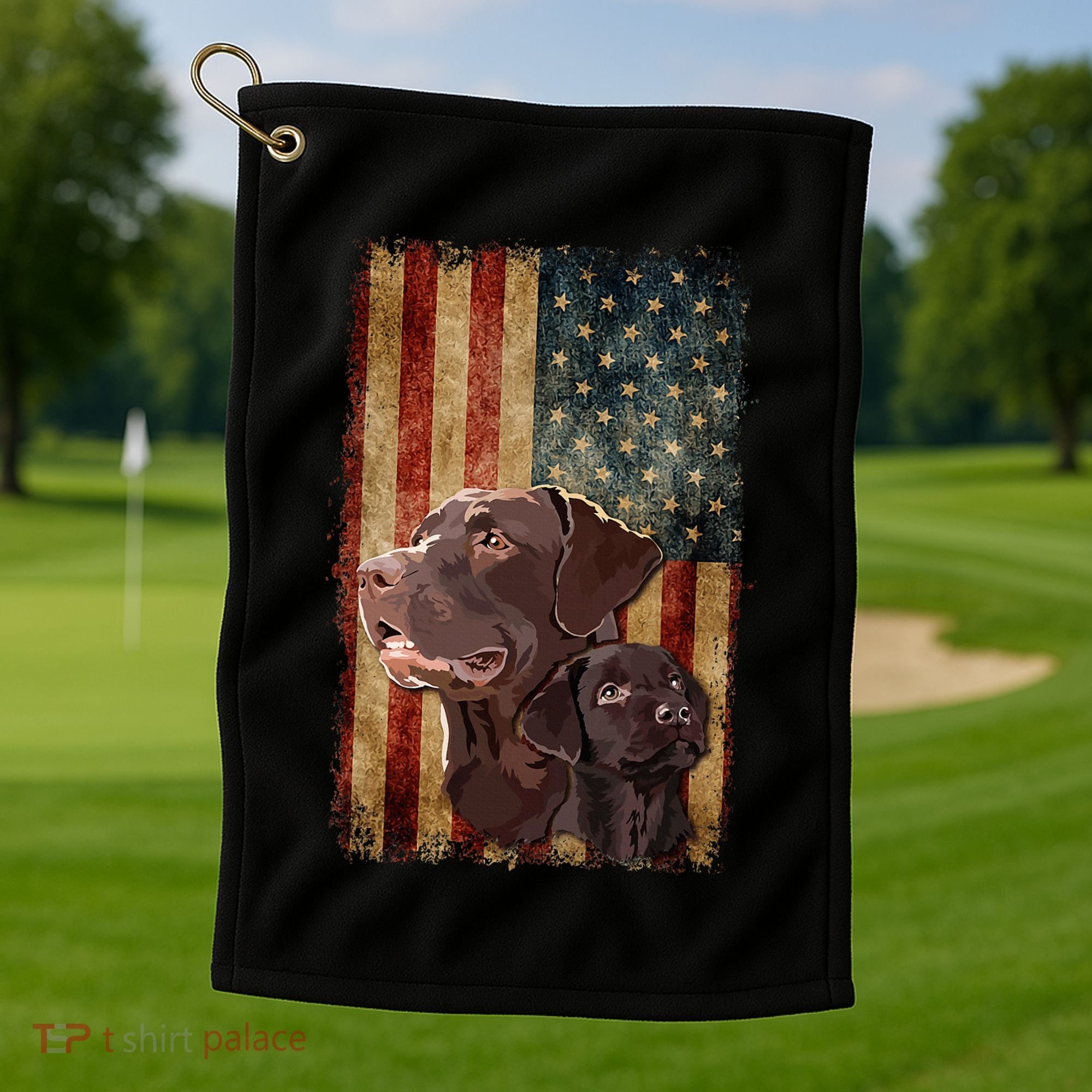 Retro Chocolate Lab With Usa Flag Gift Chocolate Lab Dad Mom Golf Towel