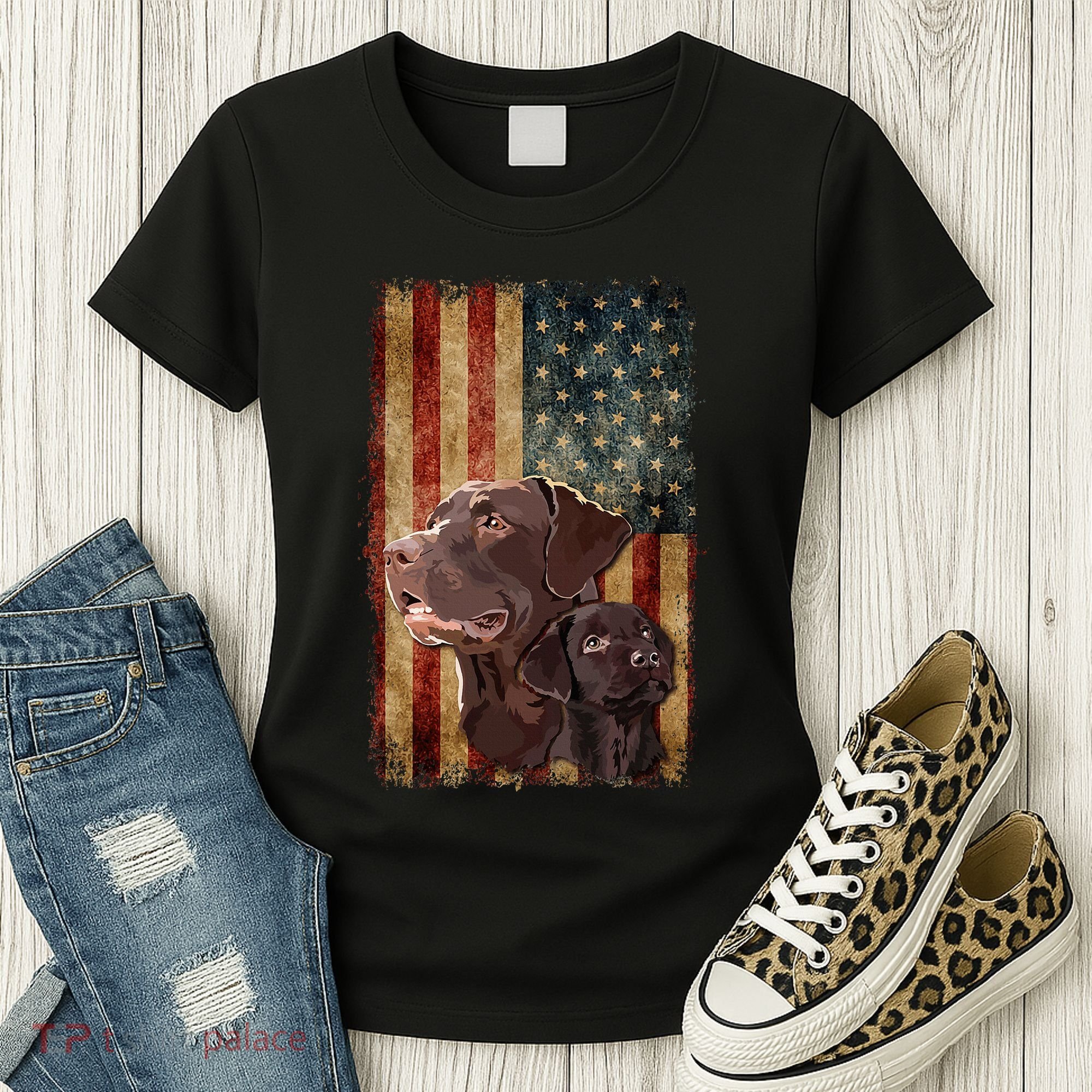Retro Chocolate Lab With Usa Flag Gift Chocolate Lab Dad Mom Women's T-Shirt