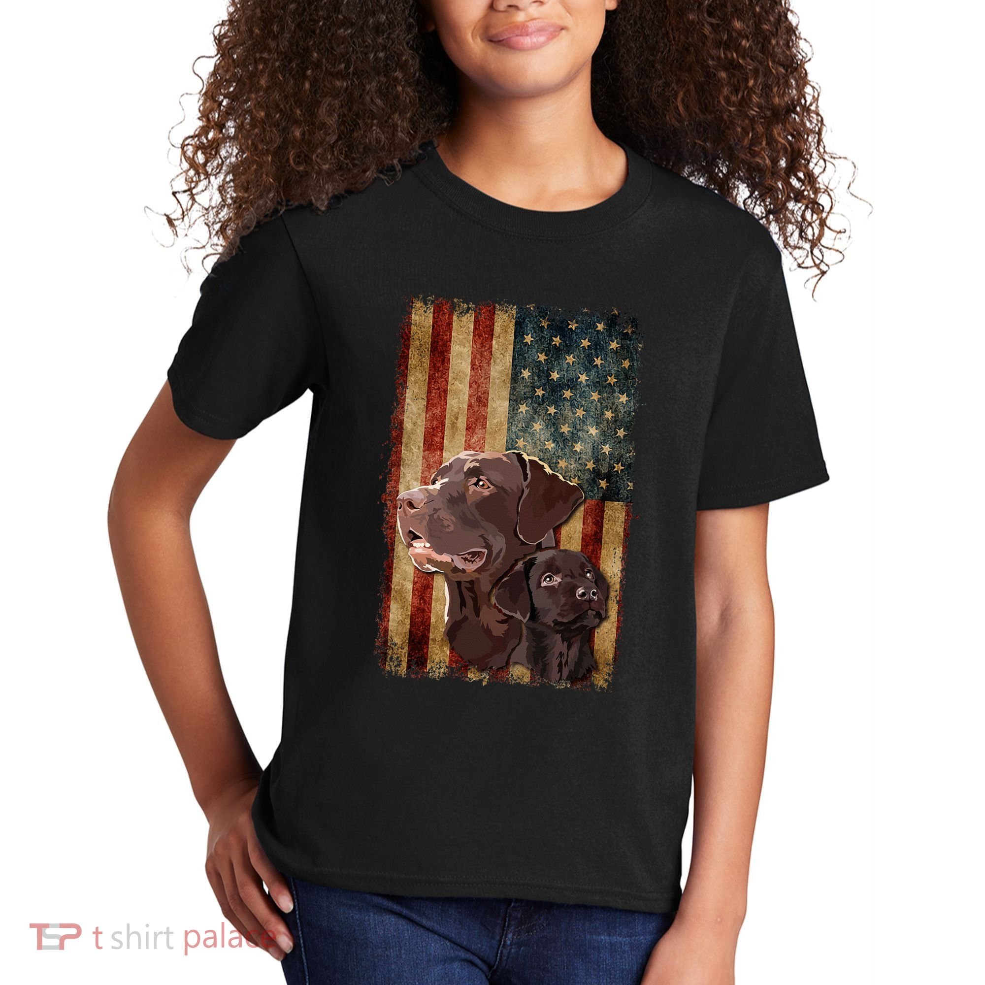 Retro Chocolate Lab With Usa Flag Gift Chocolate Lab Dad Mom Kids T-Shirt