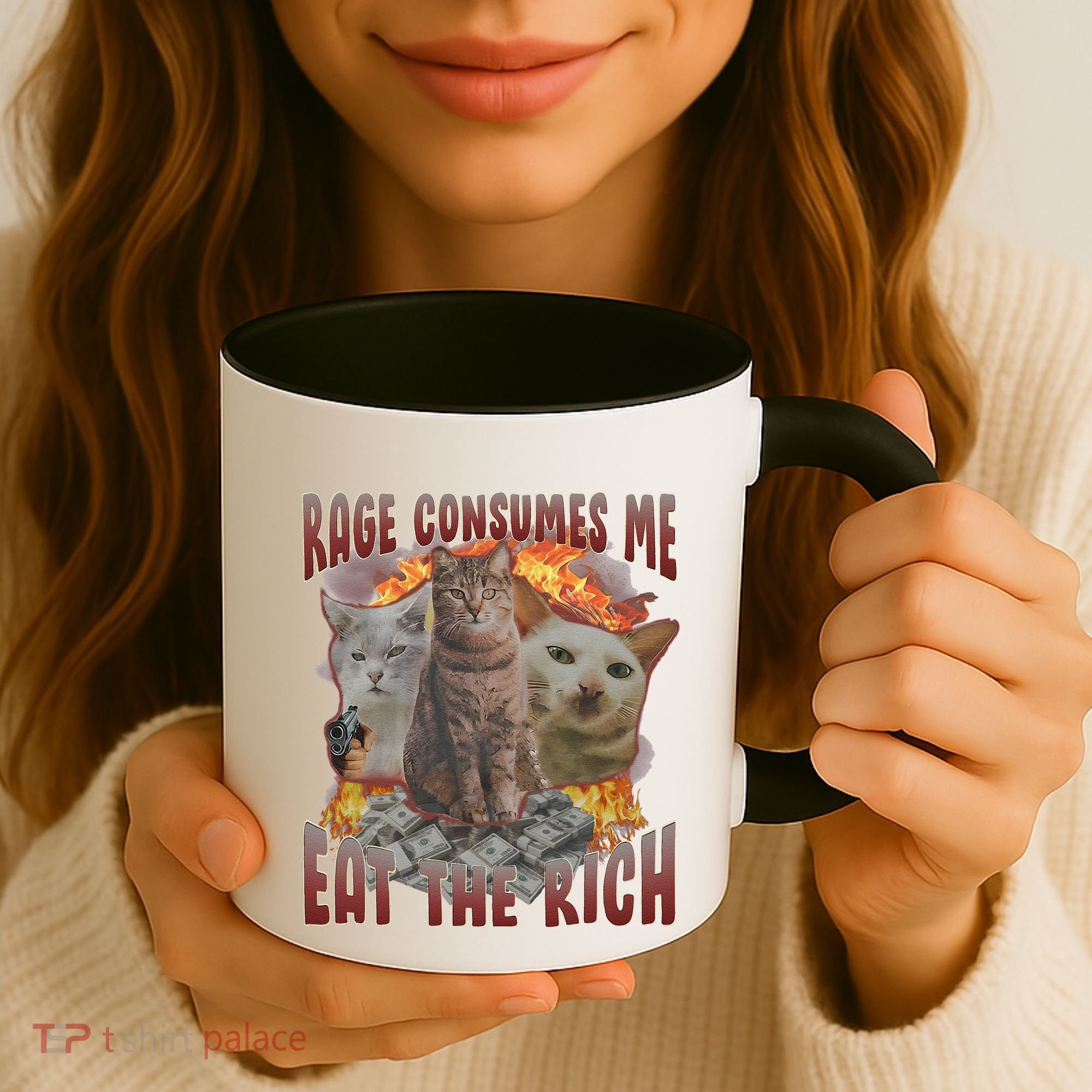 Rage Consumes Me Eat The Rich Feminist Funny Cat Meme Coffee Mug