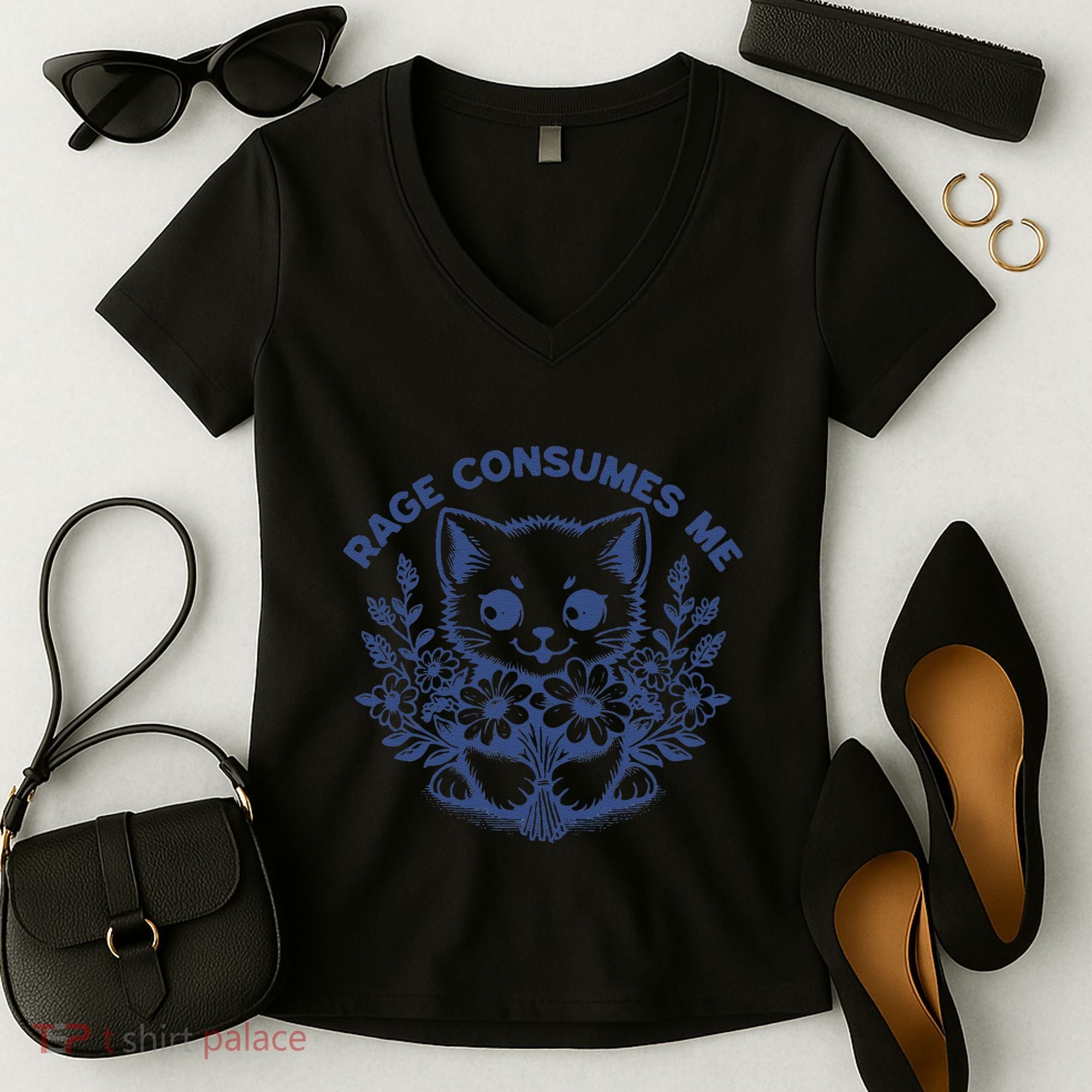 Rage Consumes Me Cat Flower Cute Kitty Cat Meme Funny Gift Women's V-Neck T-Shirt