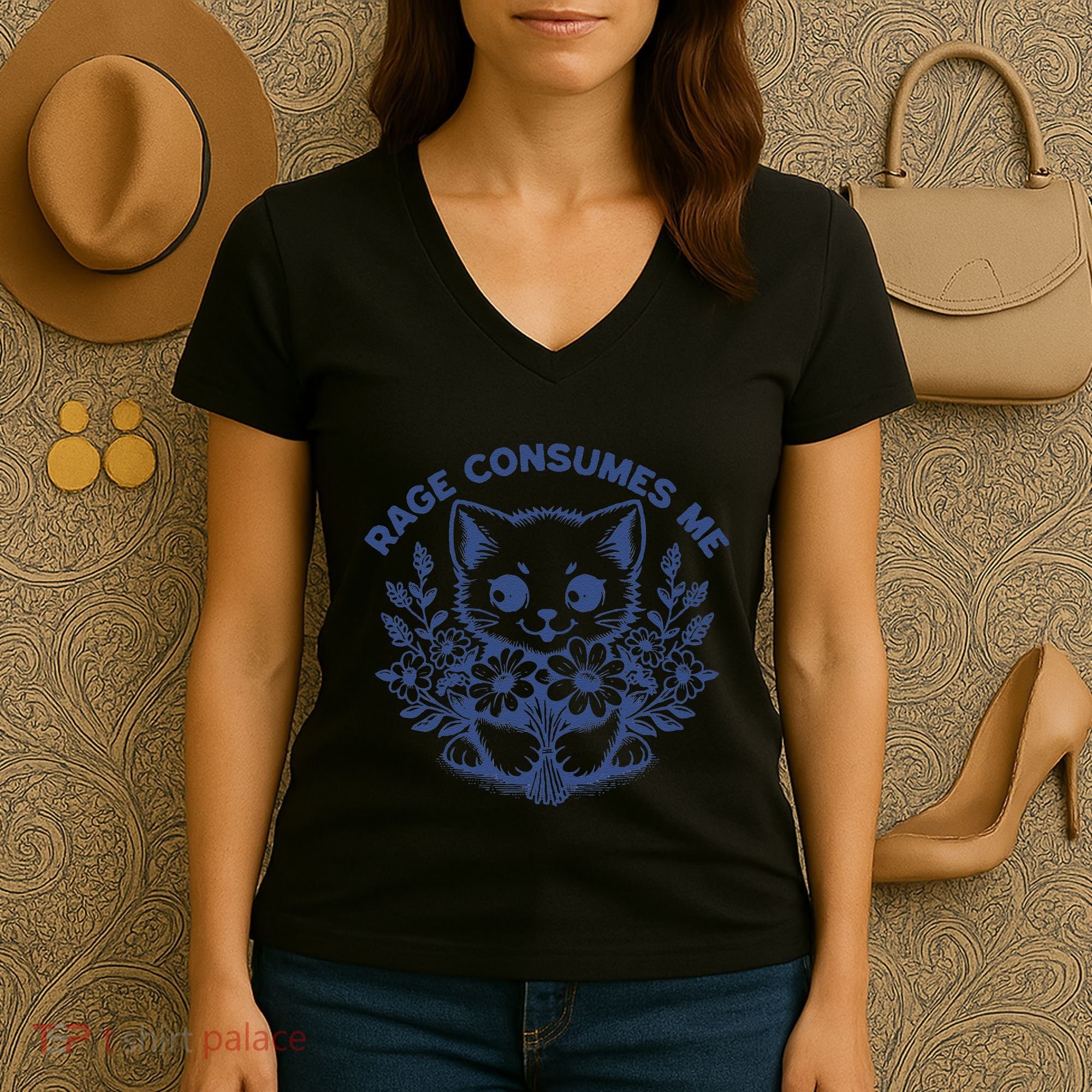 Rage Consumes Me Cat Flower Cute Kitty Cat Meme Funny Gift Women's V-Neck T-Shirt
