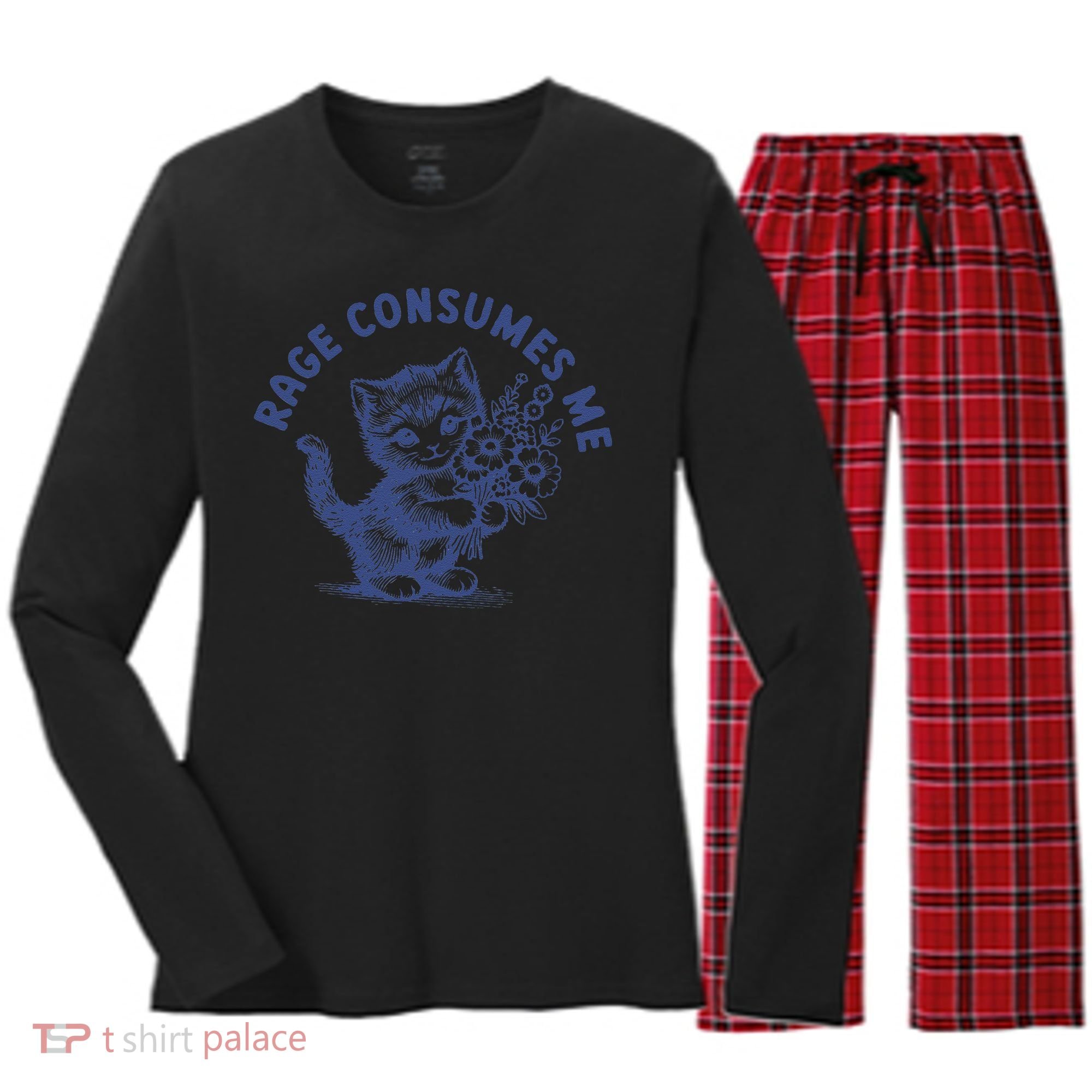 Rage Consumes Me Cat Flower Cute Kitty Cat Meme Women's Long Sleeve Flannel Pajama Set 