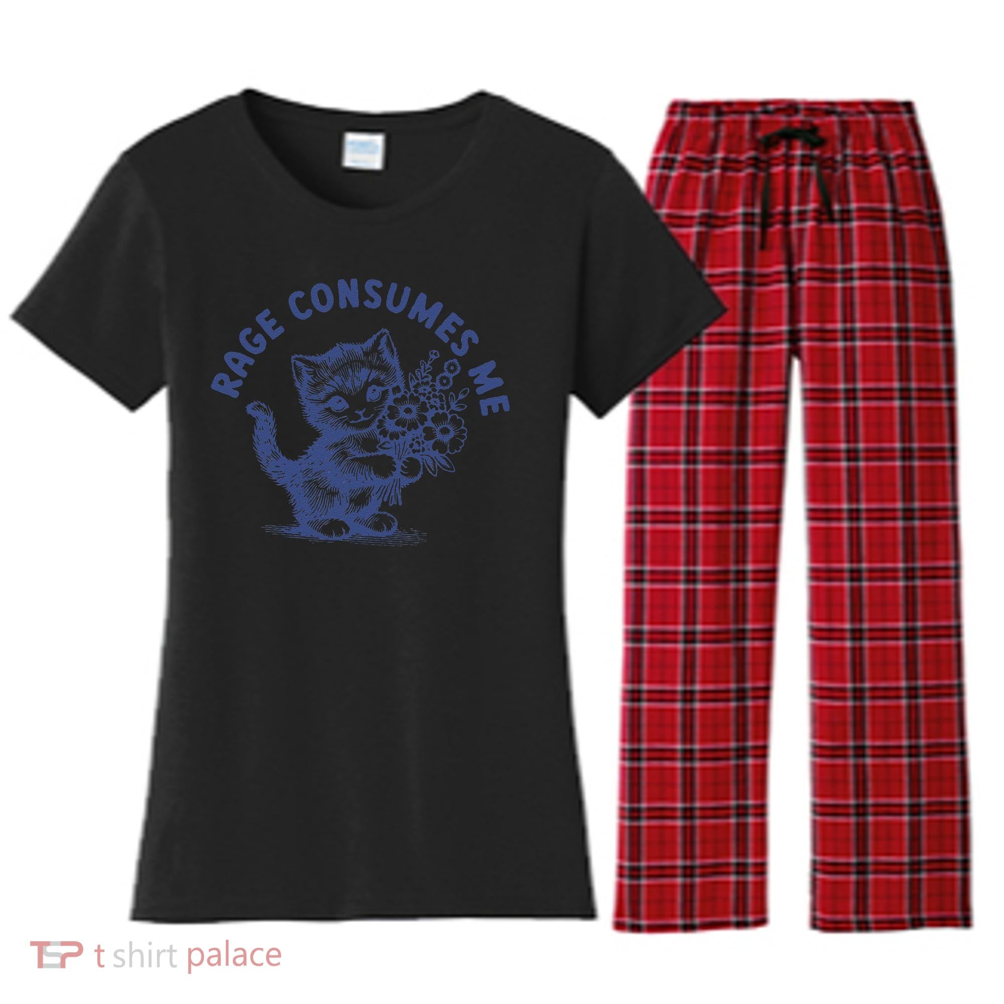 Rage Consumes Me Cat Flower Cute Kitty Cat Meme Women's Flannel Pajama Set