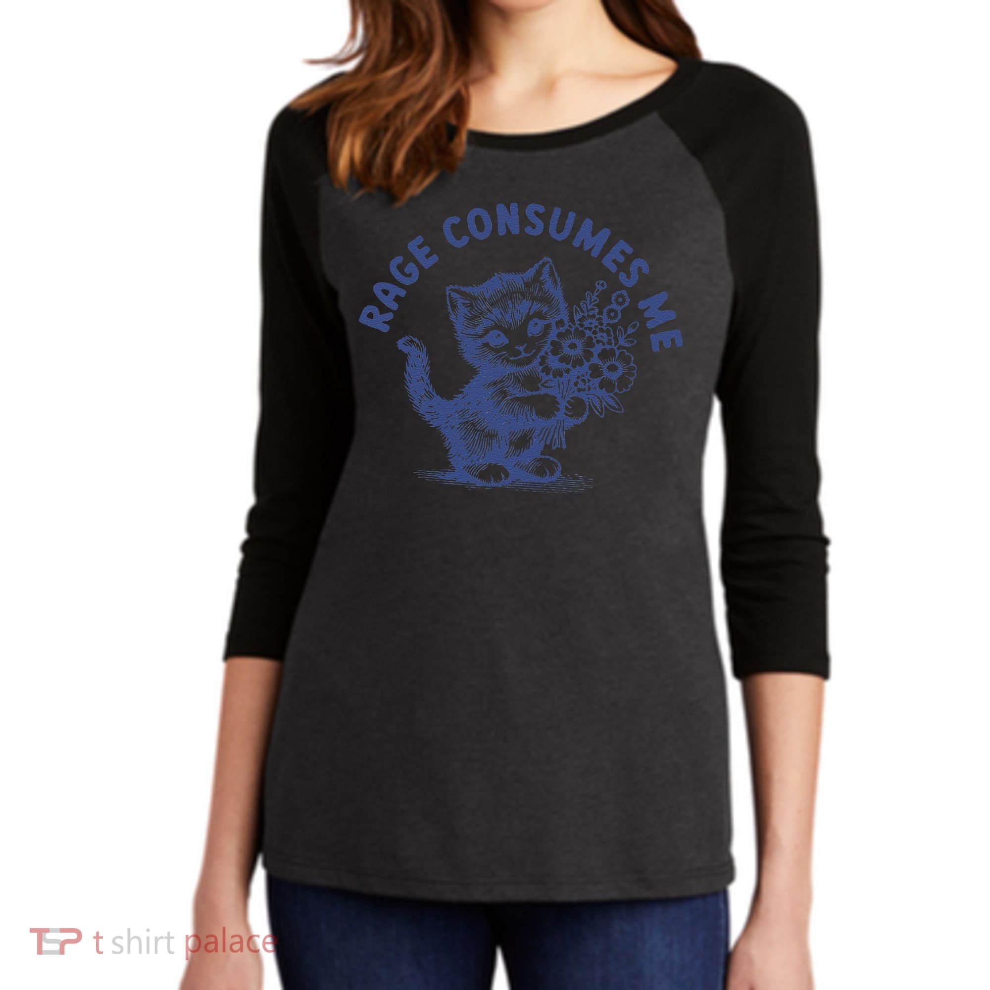 Rage Consumes Me Cat Flower Cute Kitty Cat Meme Women's Tri-Blend 3/4-Sleeve Raglan Shirt