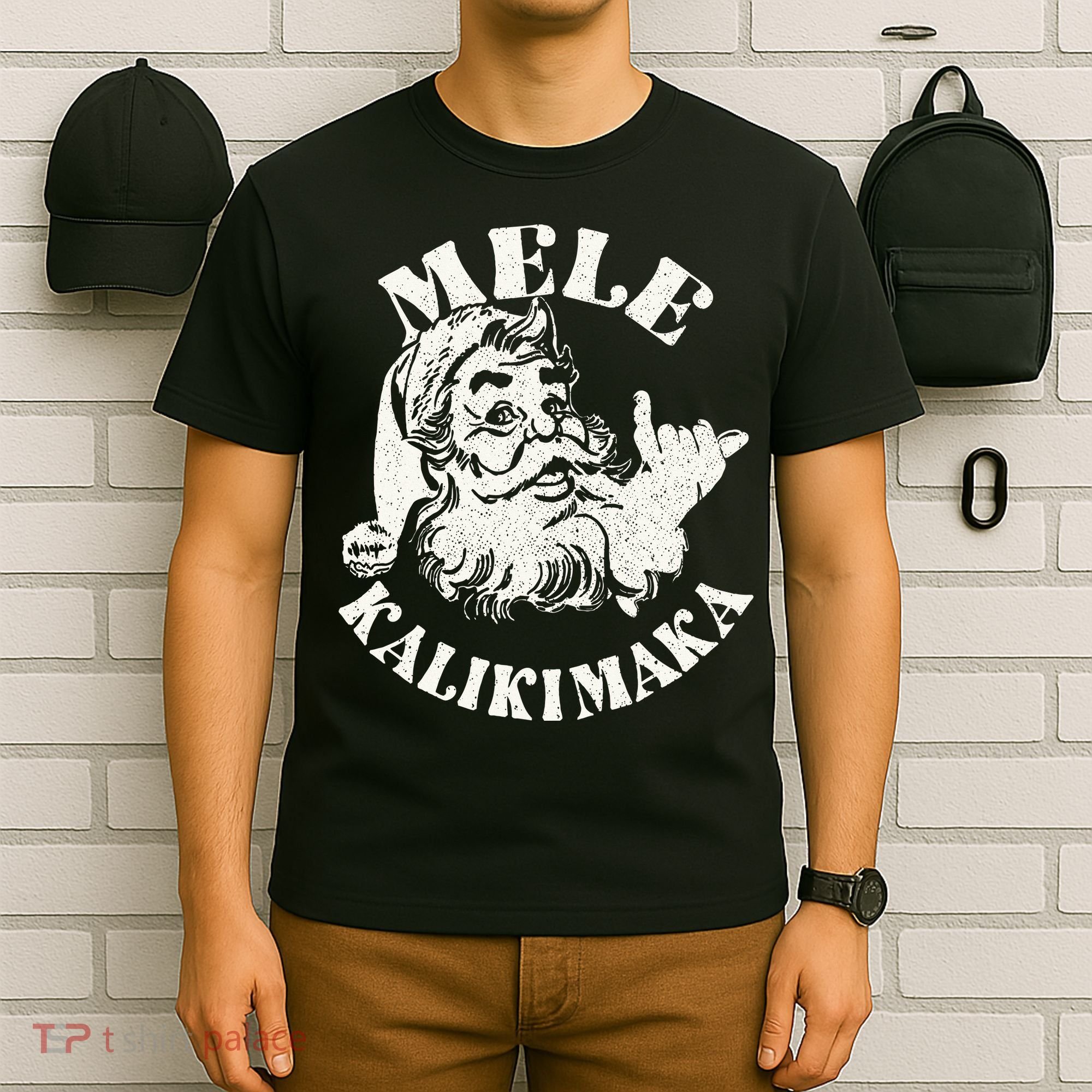 Retro Christmas Mele Kalikimaka Santa Claus Shaka Hawaii T-Shirt