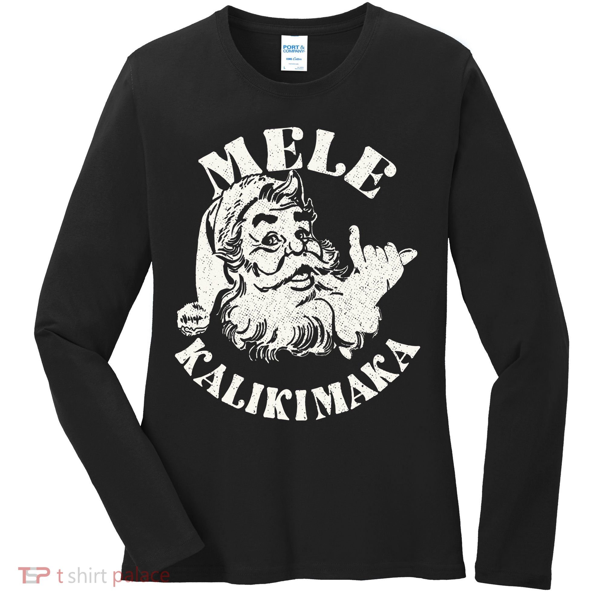 Retro Christmas Mele Kalikimaka Santa Claus Shaka Hawaii Women's Long Sleeve Shirt