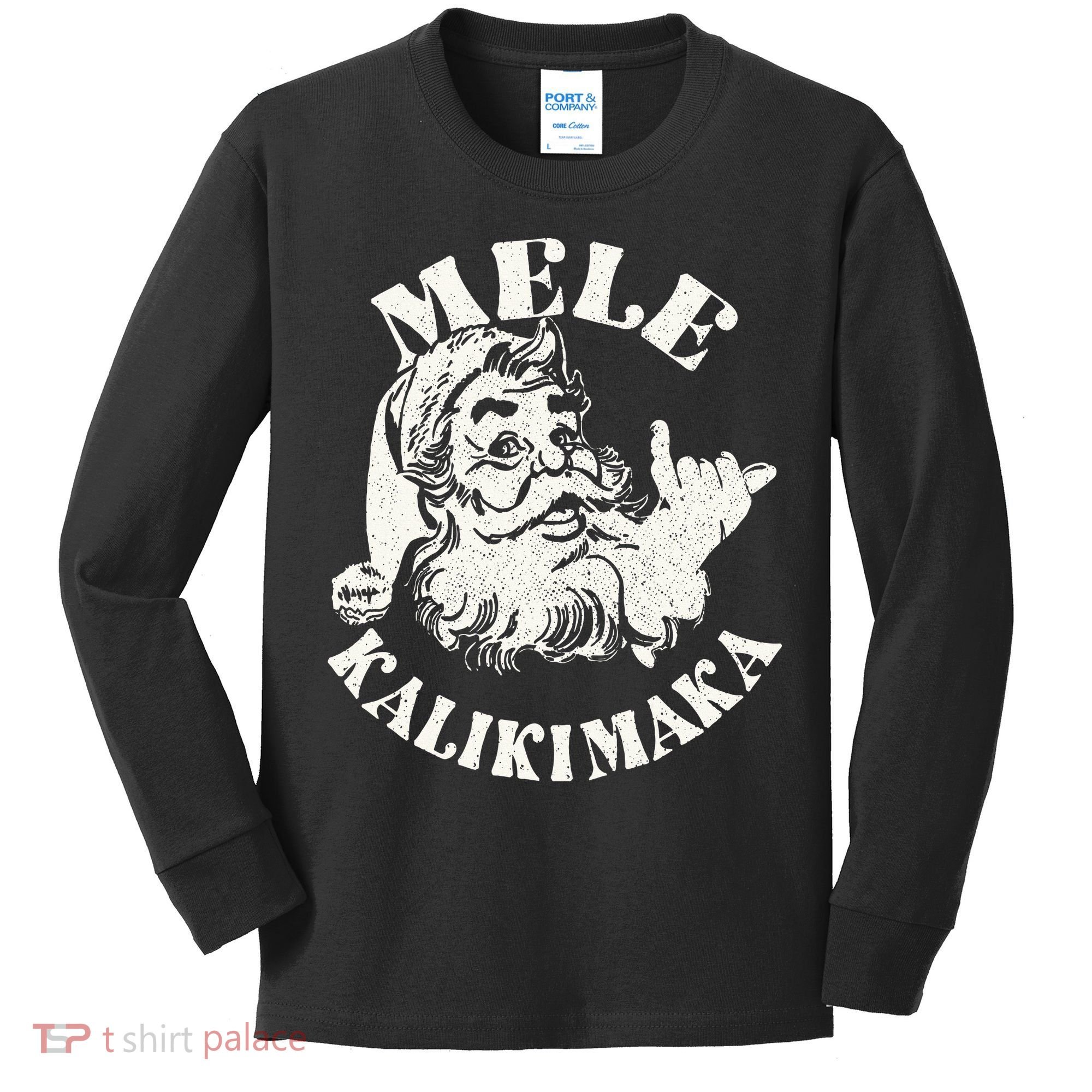 Retro Christmas Mele Kalikimaka Santa Claus Shaka Hawaii Kids Long Sleeve Shirt