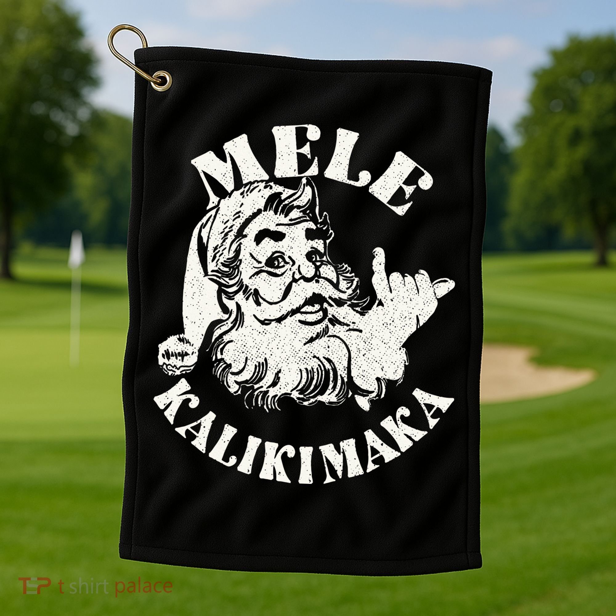 Retro Christmas Mele Kalikimaka Santa Claus Shaka Hawaii Golf Towel