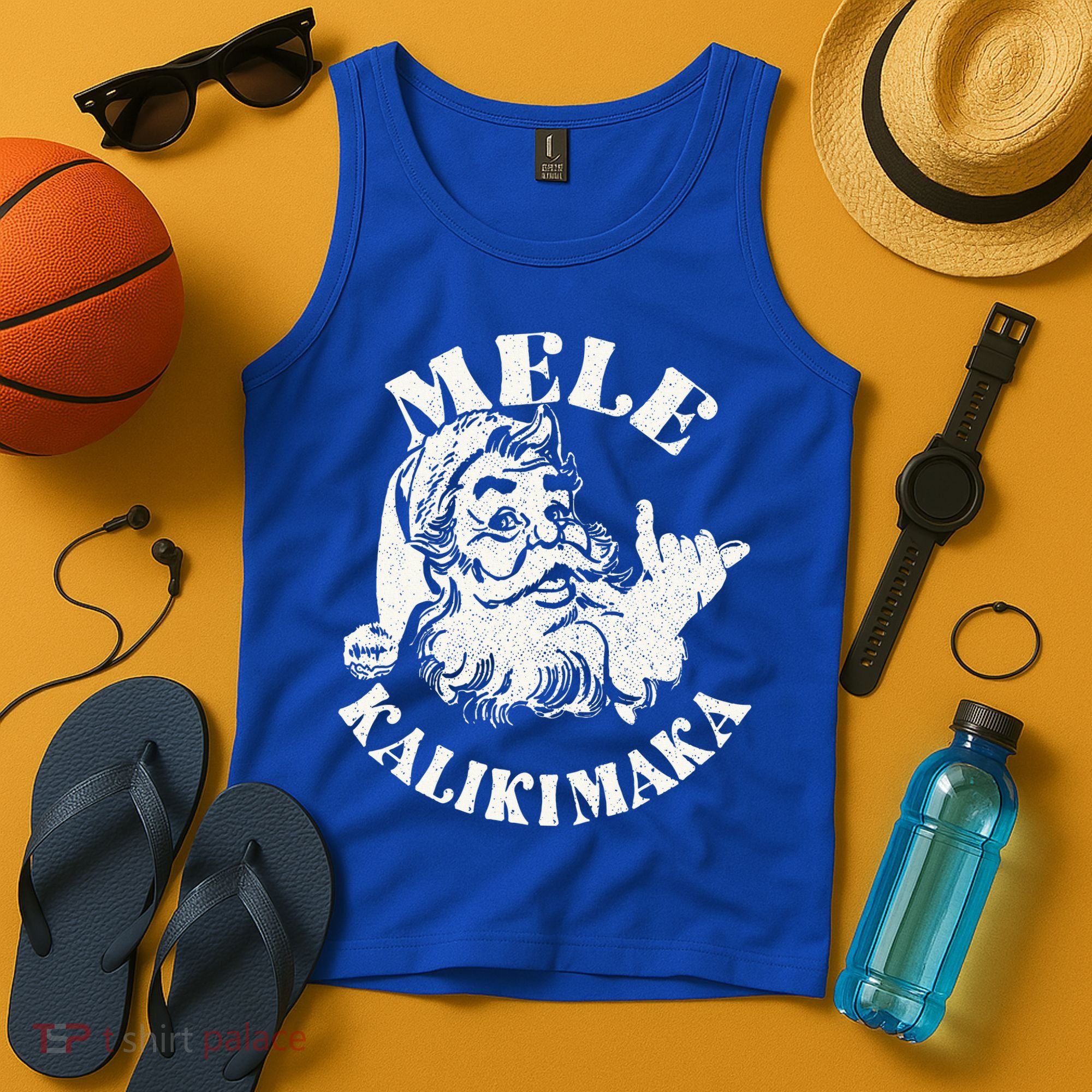 Retro Christmas Mele Kalikimaka Santa Claus Shaka Hawaii Tank Top