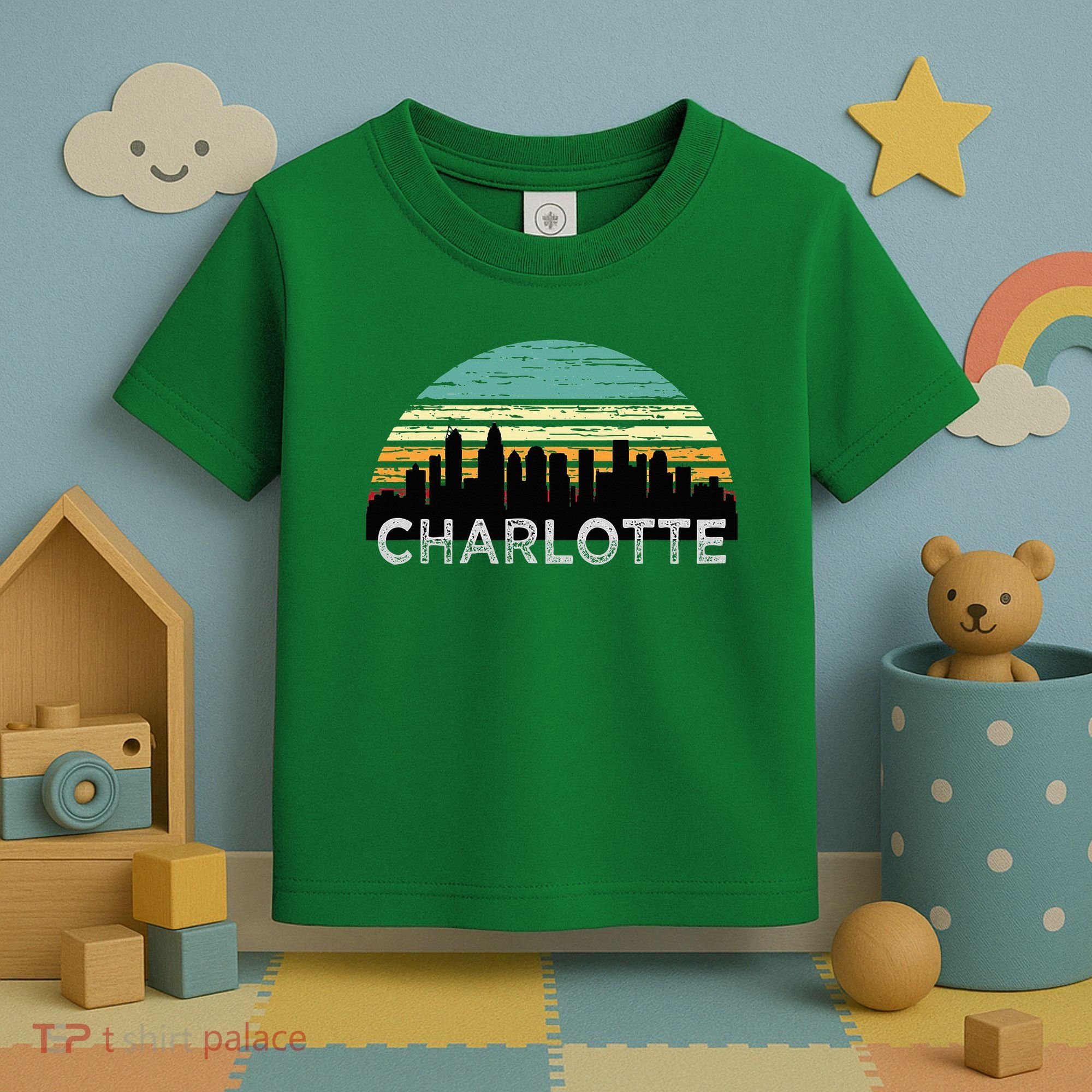 Retro Charlotte North Carolina Print Skyline Toddler T-Shirt