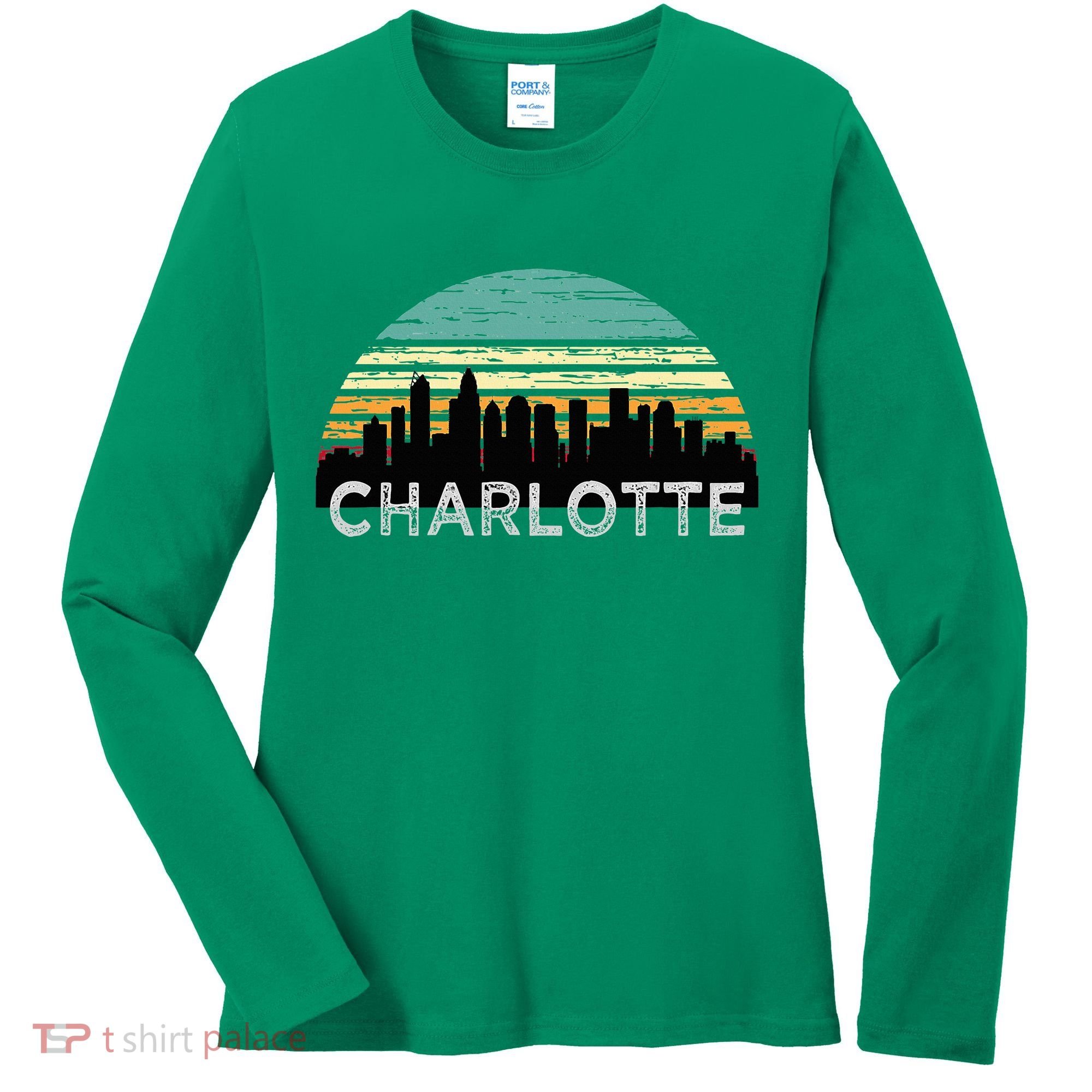 Retro Charlotte North Carolina Print Skyline Women's Long Sleeve Shirt