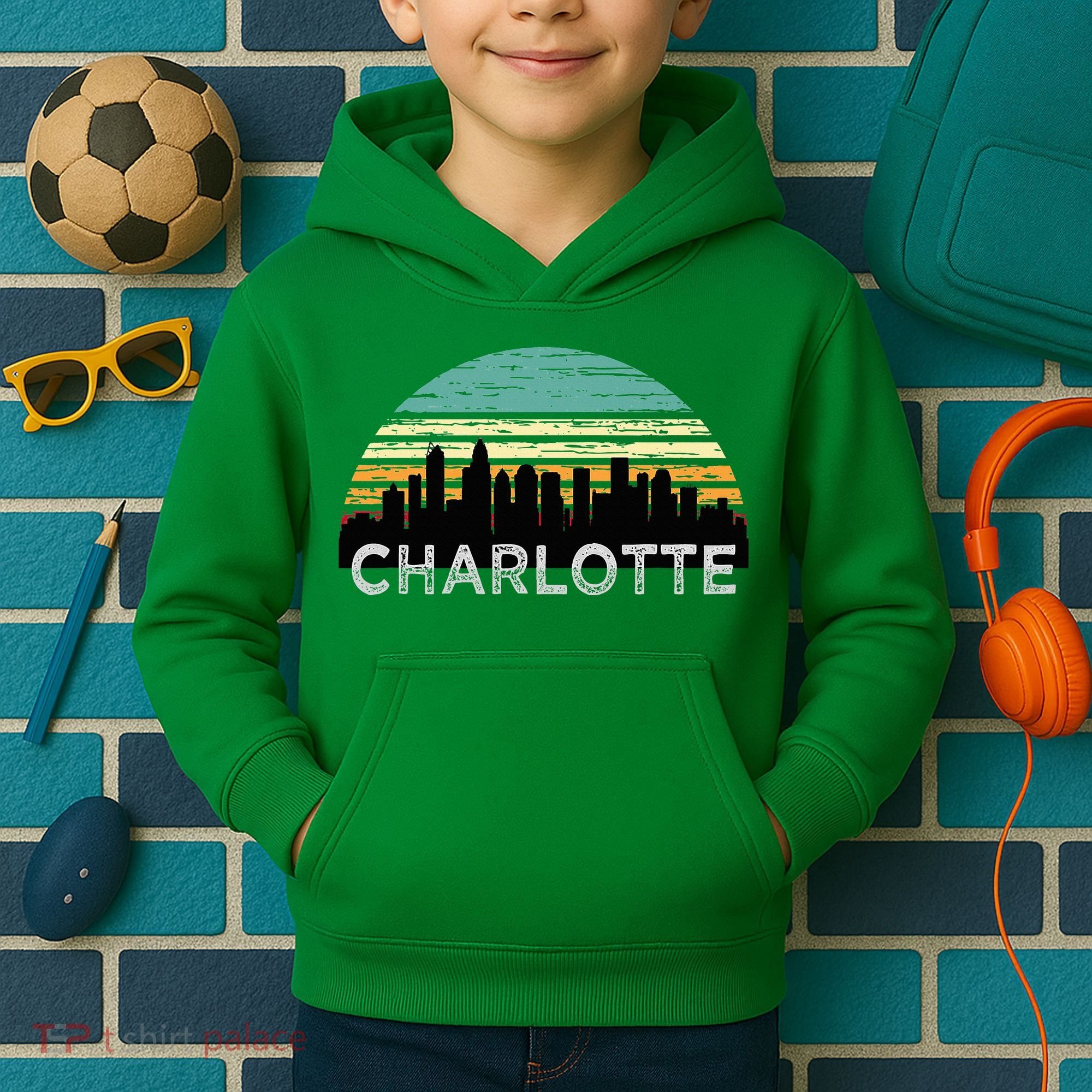 Retro Charlotte North Carolina Print Skyline Kids Hoodie
