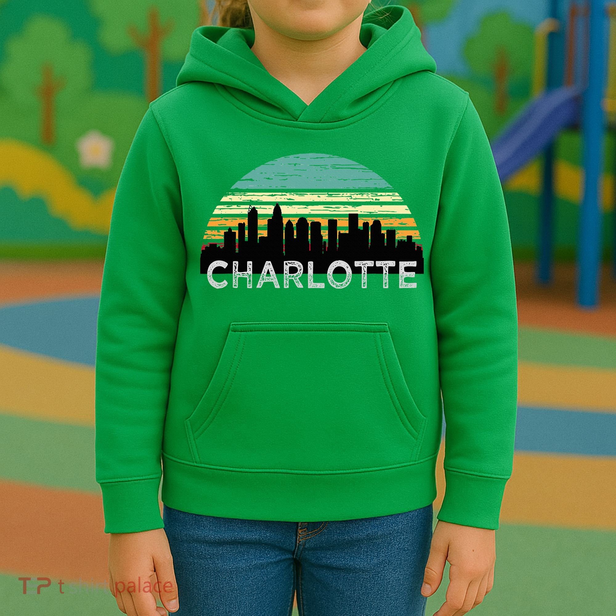 Retro Charlotte North Carolina Print Skyline Kids Hoodie