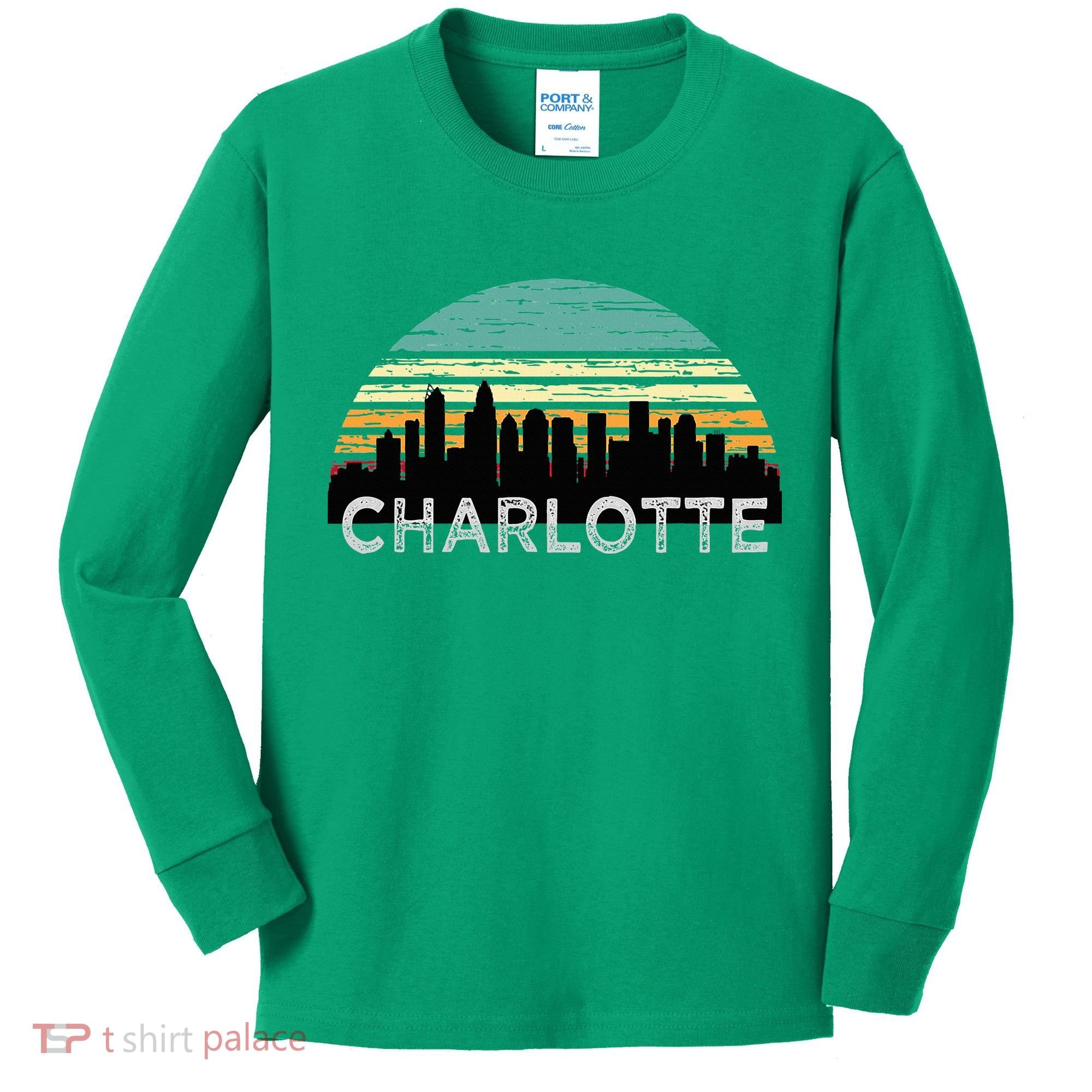 Retro Charlotte North Carolina Print Skyline Kids Long Sleeve Shirt