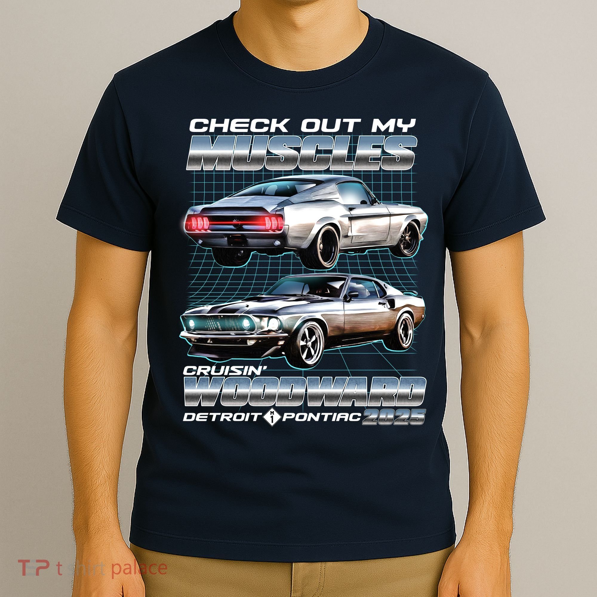 Retro Check Out My Muscles Cruisin Woodward Detroit To Pontiac 2025 T-Shirt