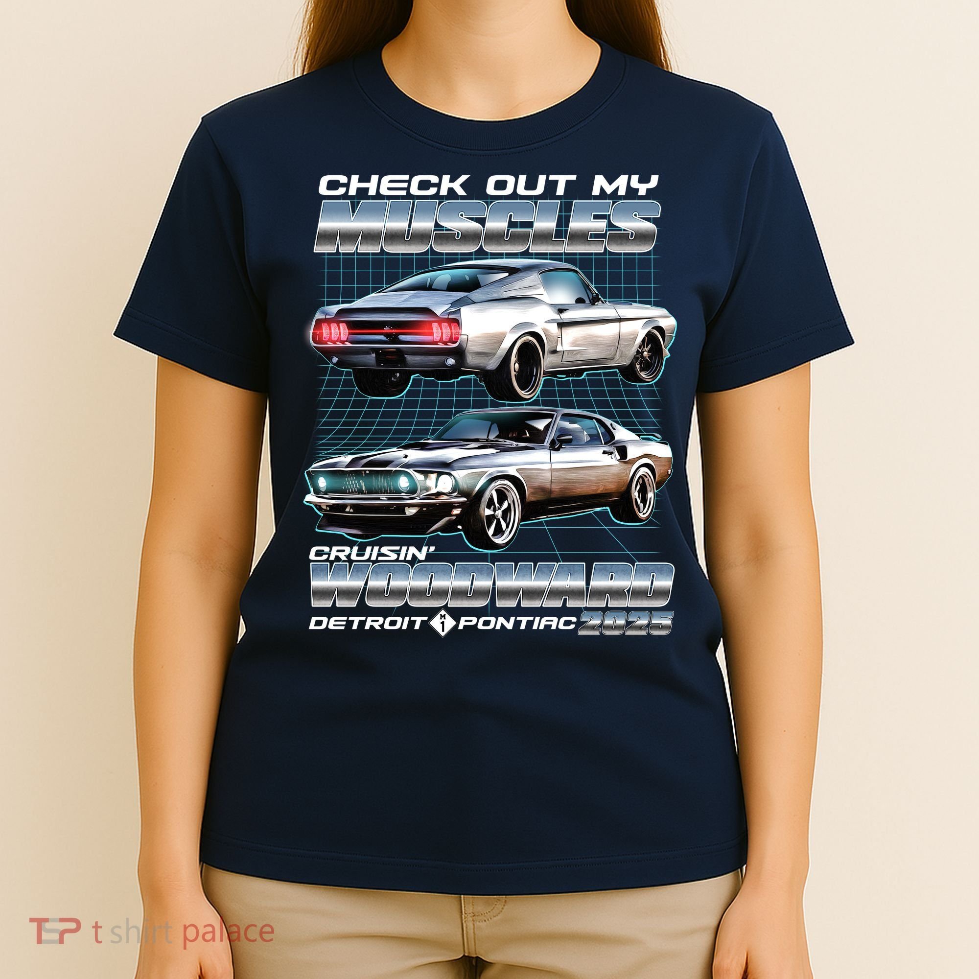Retro Check Out My Muscles Cruisin Woodward Detroit To Pontiac 2025 T-Shirt