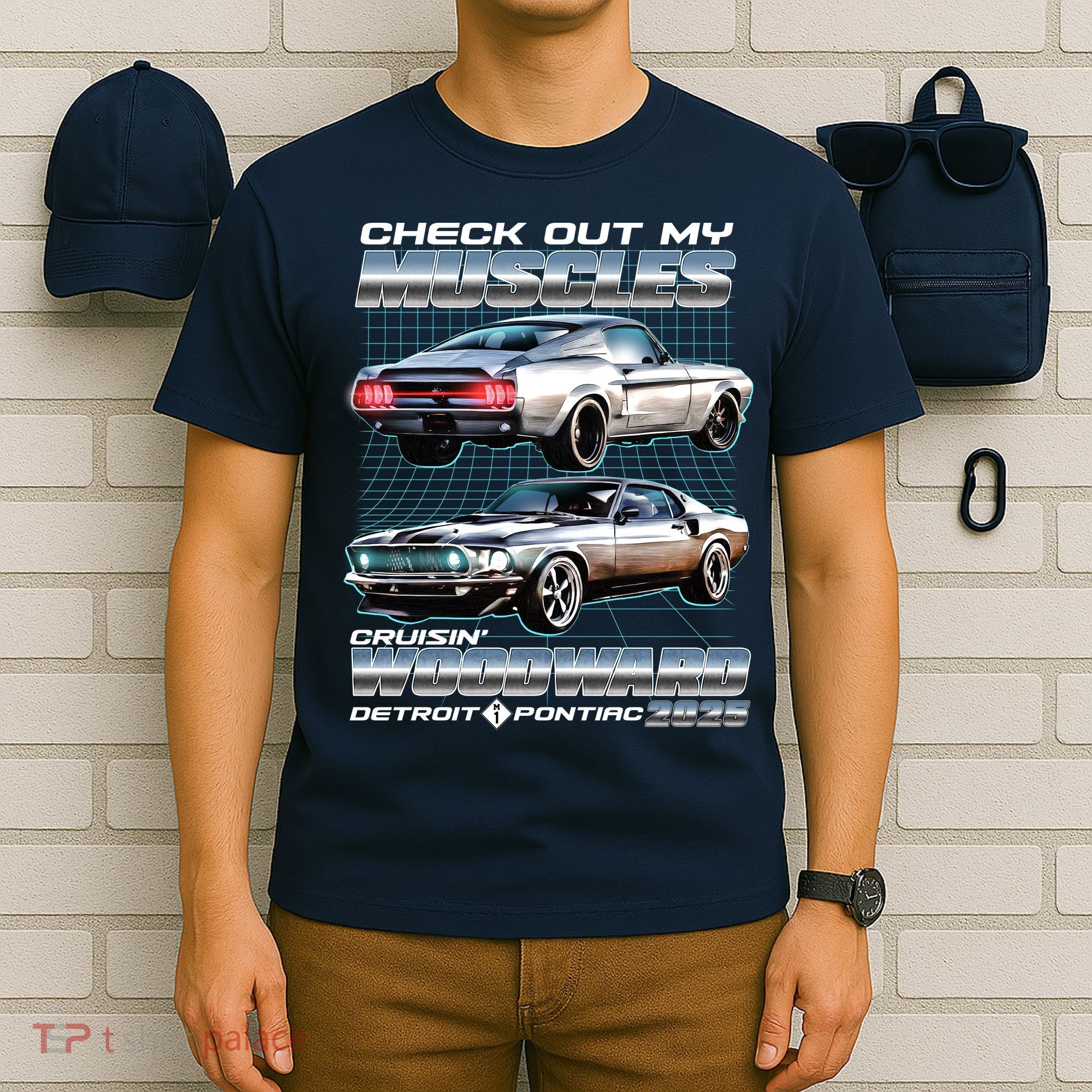 Retro Check Out My Muscles Cruisin Woodward Detroit To Pontiac 2025 T-Shirt