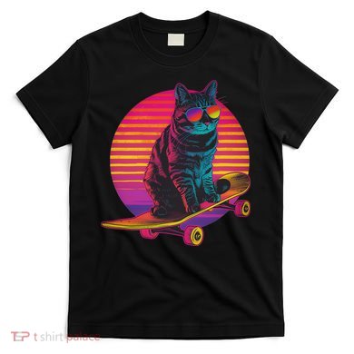 Retro Cat On Skateboard Retro Sunset T-Shirt