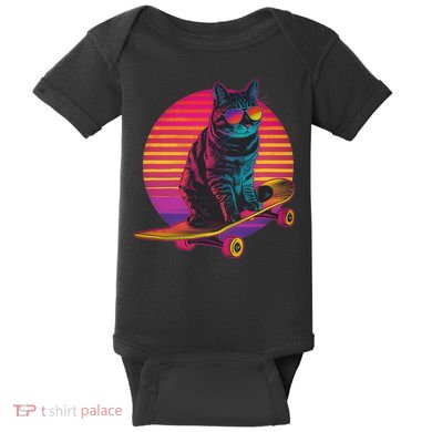 Retro Cat On Skateboard Retro Sunset Baby Bodysuit