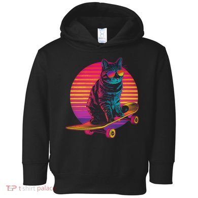 Retro Cat On Skateboard Retro Sunset Toddler Hoodie