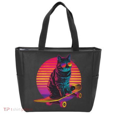 Retro Cat On Skateboard Retro Sunset Tote Bag