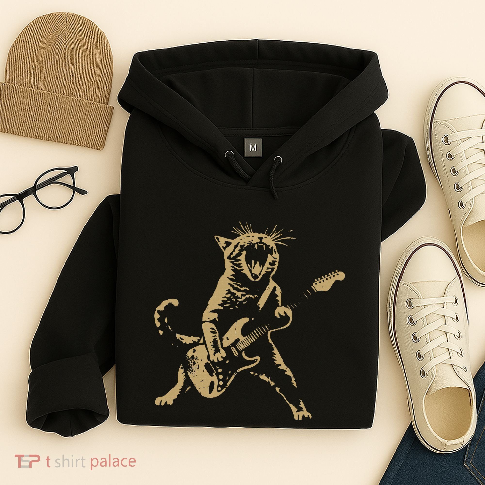 Rock Cat Playing Guitar Funny Guitar Cat Hoodie