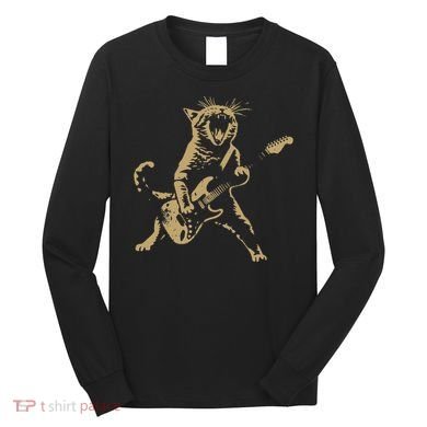 Rock Cat Playing Guitar Funny Guitar Cat Long Sleeve Shirt