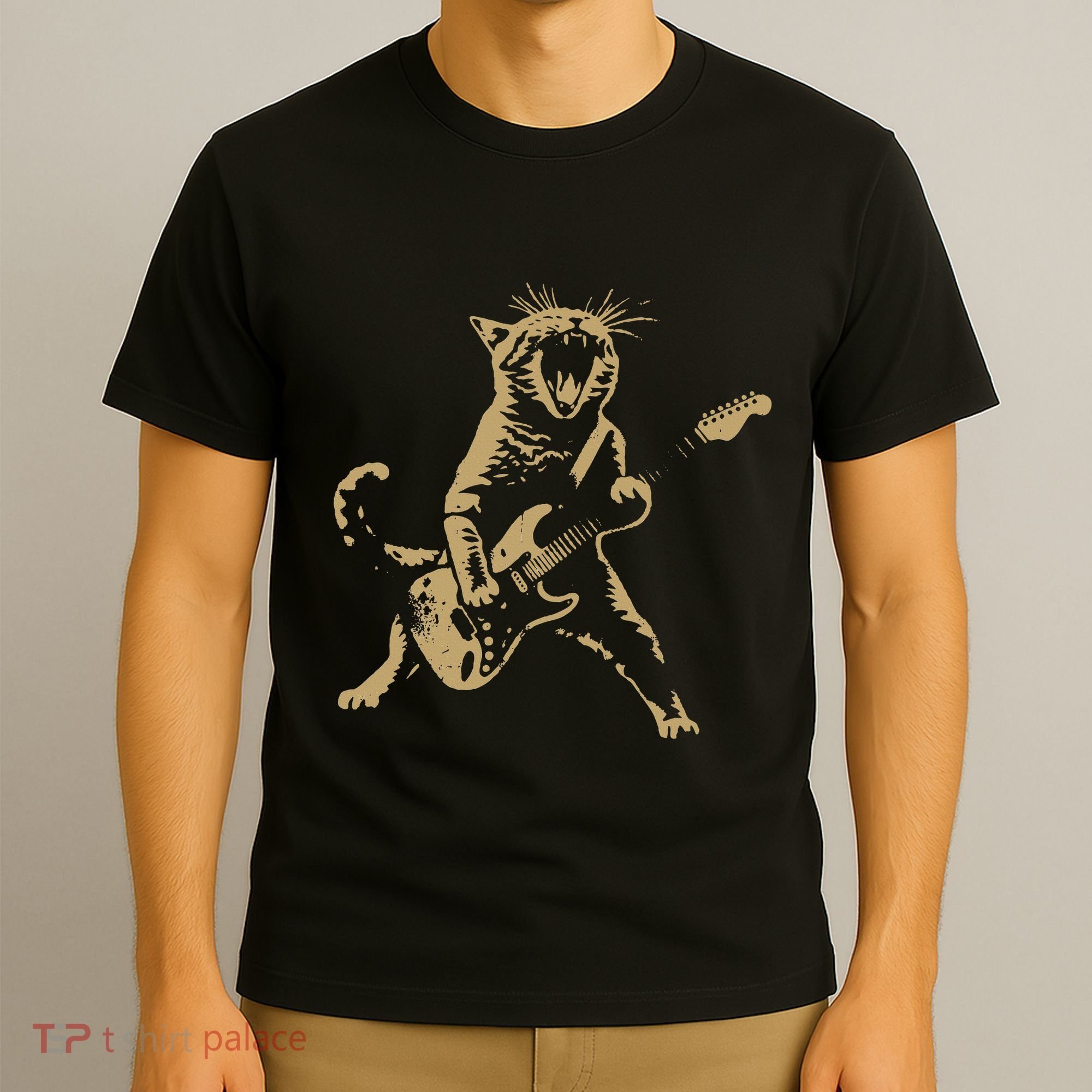 Rock Cat Playing Guitar Funny Guitar Cat T-Shirt