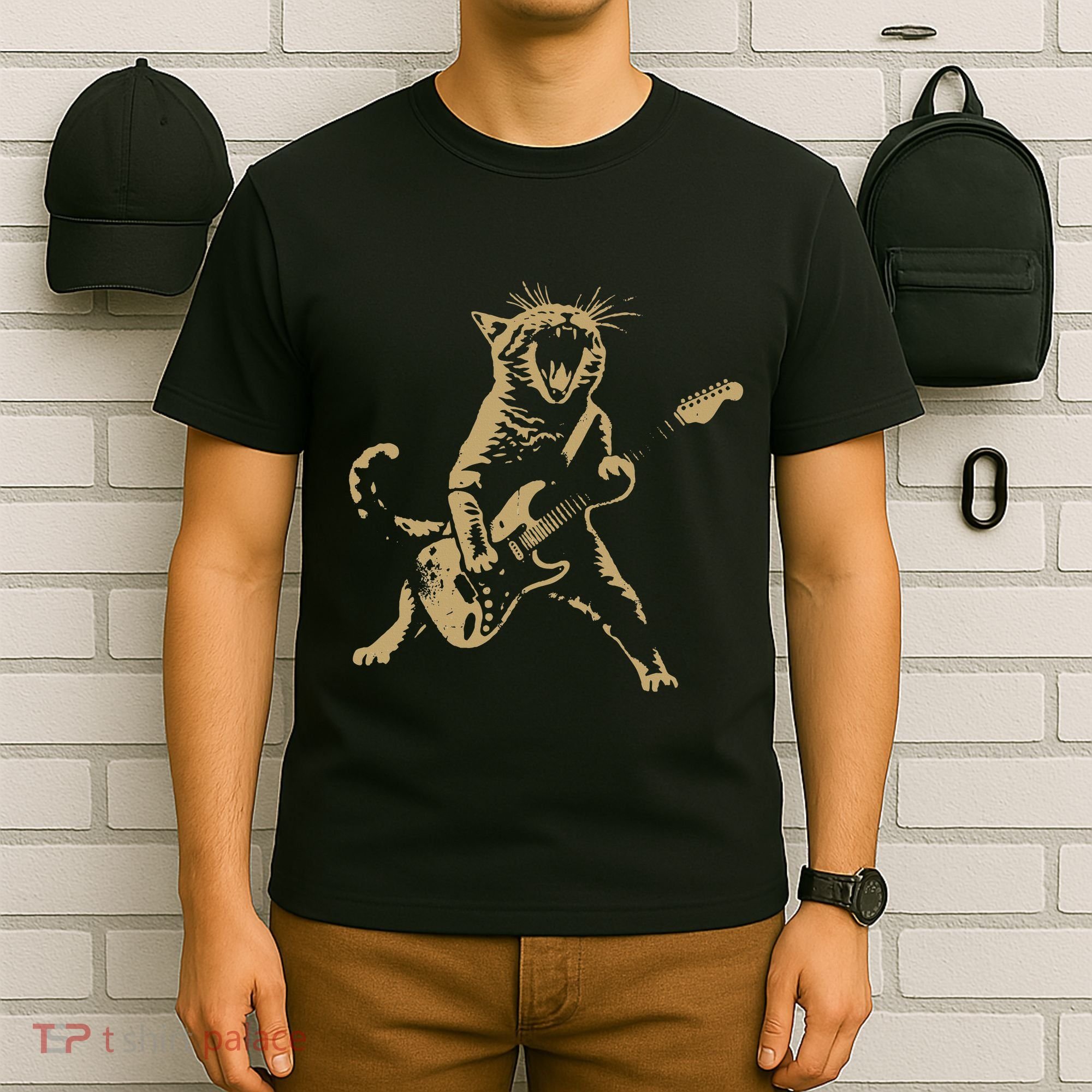 Rock Cat Playing Guitar Funny Guitar Cat T-Shirt