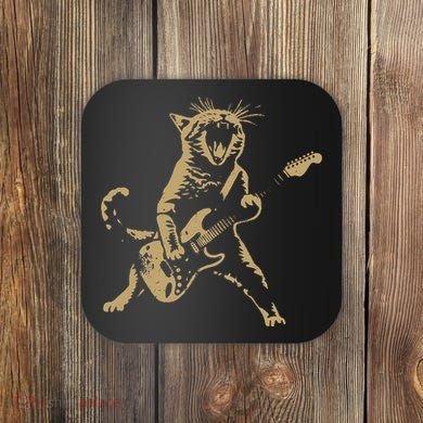 Rock Cat Playing Guitar Funny Guitar Cat Coaster