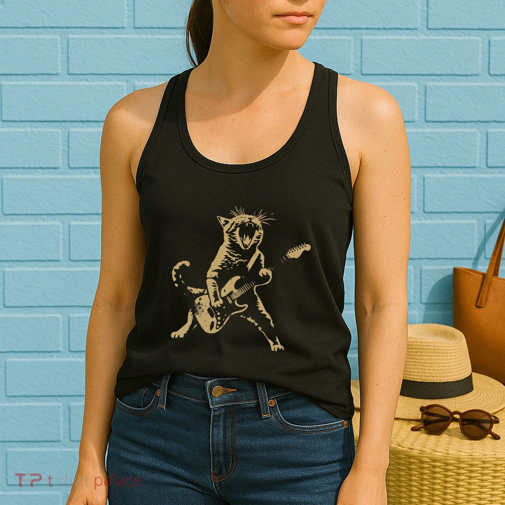 Rock Cat Playing Guitar Funny Guitar Cat Women's Tank Top