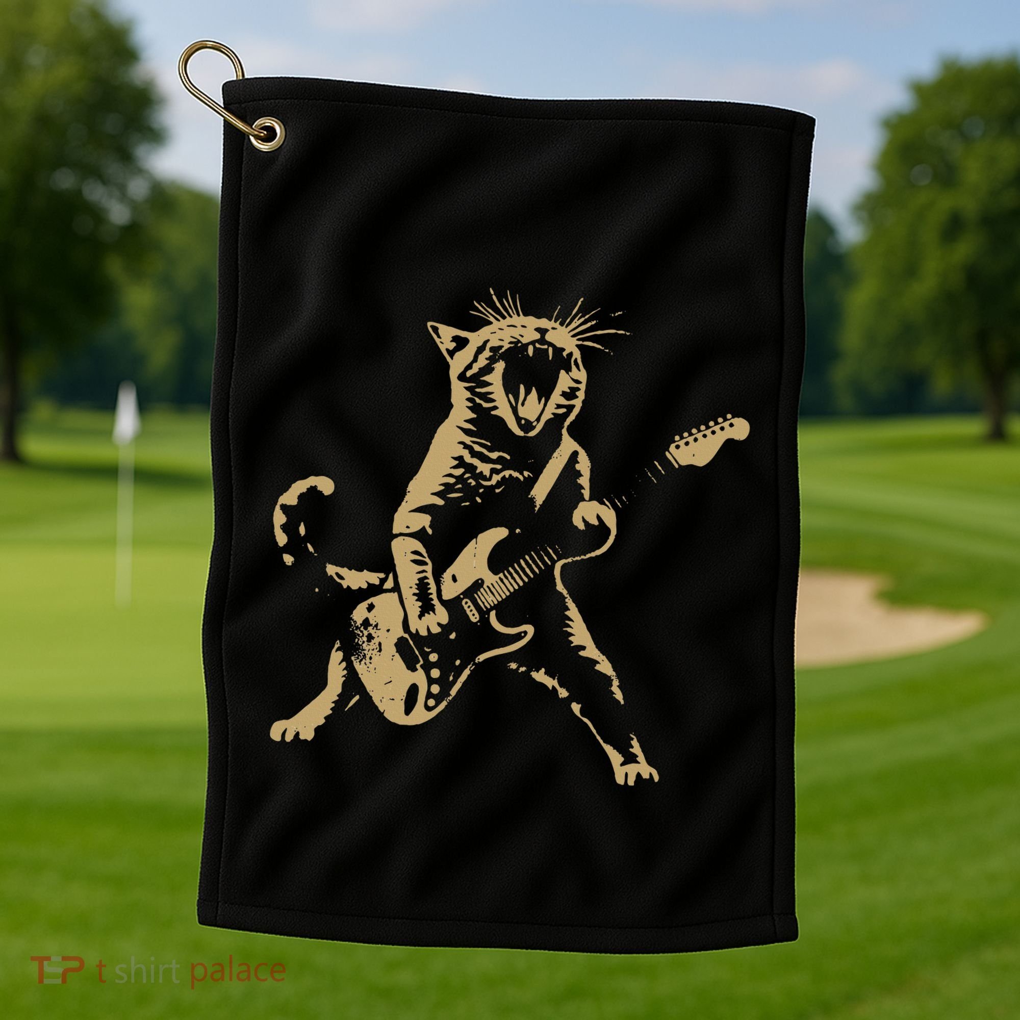 Rock Cat Playing Guitar Funny Guitar Cat Golf Towel