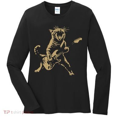 Rock Cat Playing Guitar Funny Guitar Cat Women's Long Sleeve Shirt