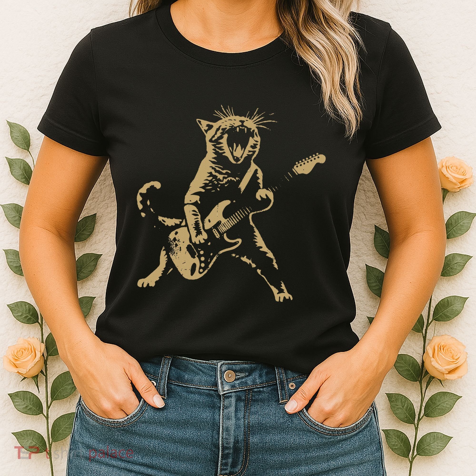 Rock Cat Playing Guitar Funny Guitar Cat Women's T-Shirt