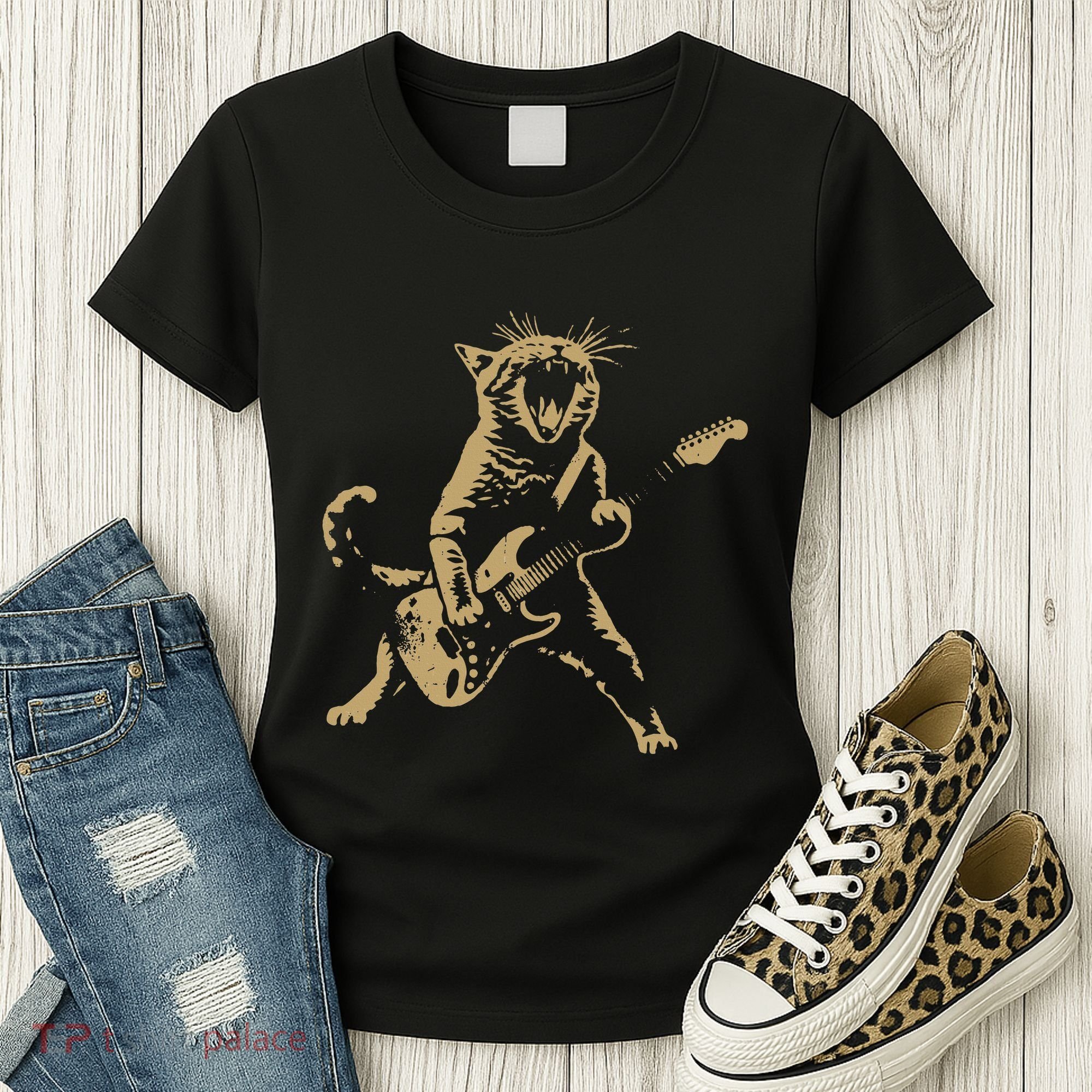 Rock Cat Playing Guitar Funny Guitar Cat Women's T-Shirt