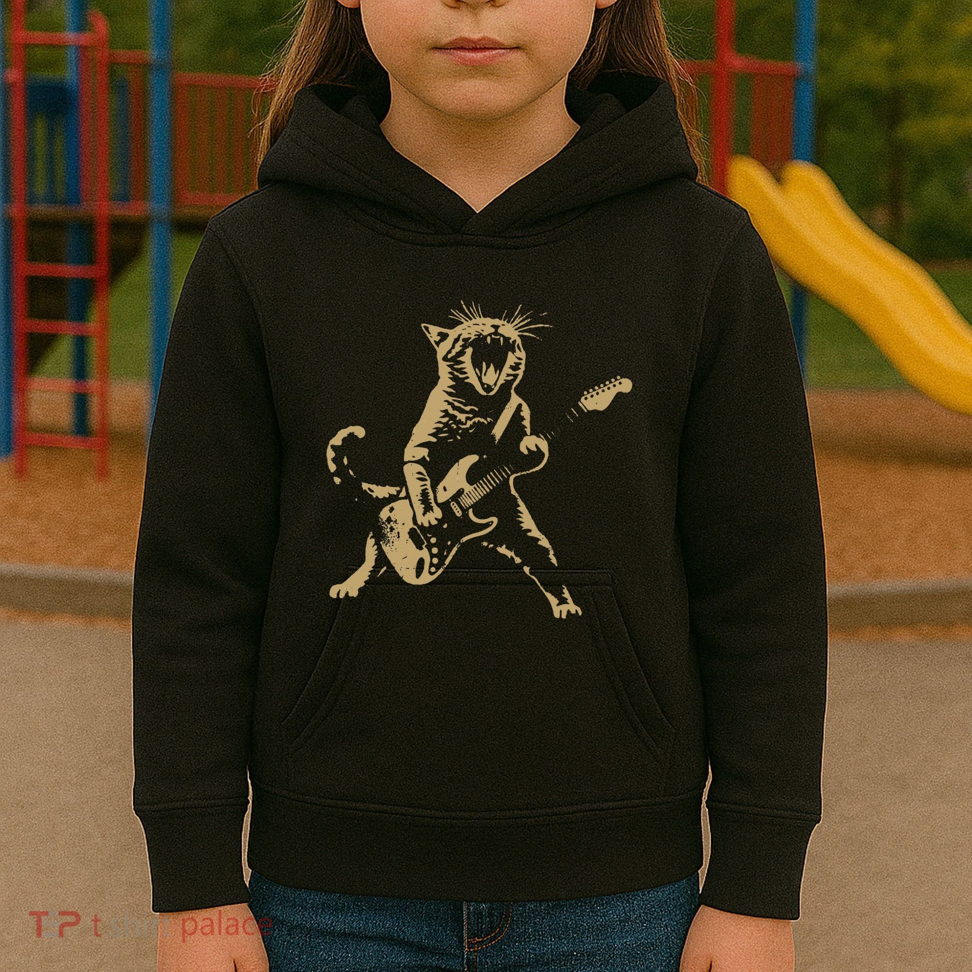 Rock Cat Playing Guitar Funny Guitar Cat Kids Hoodie