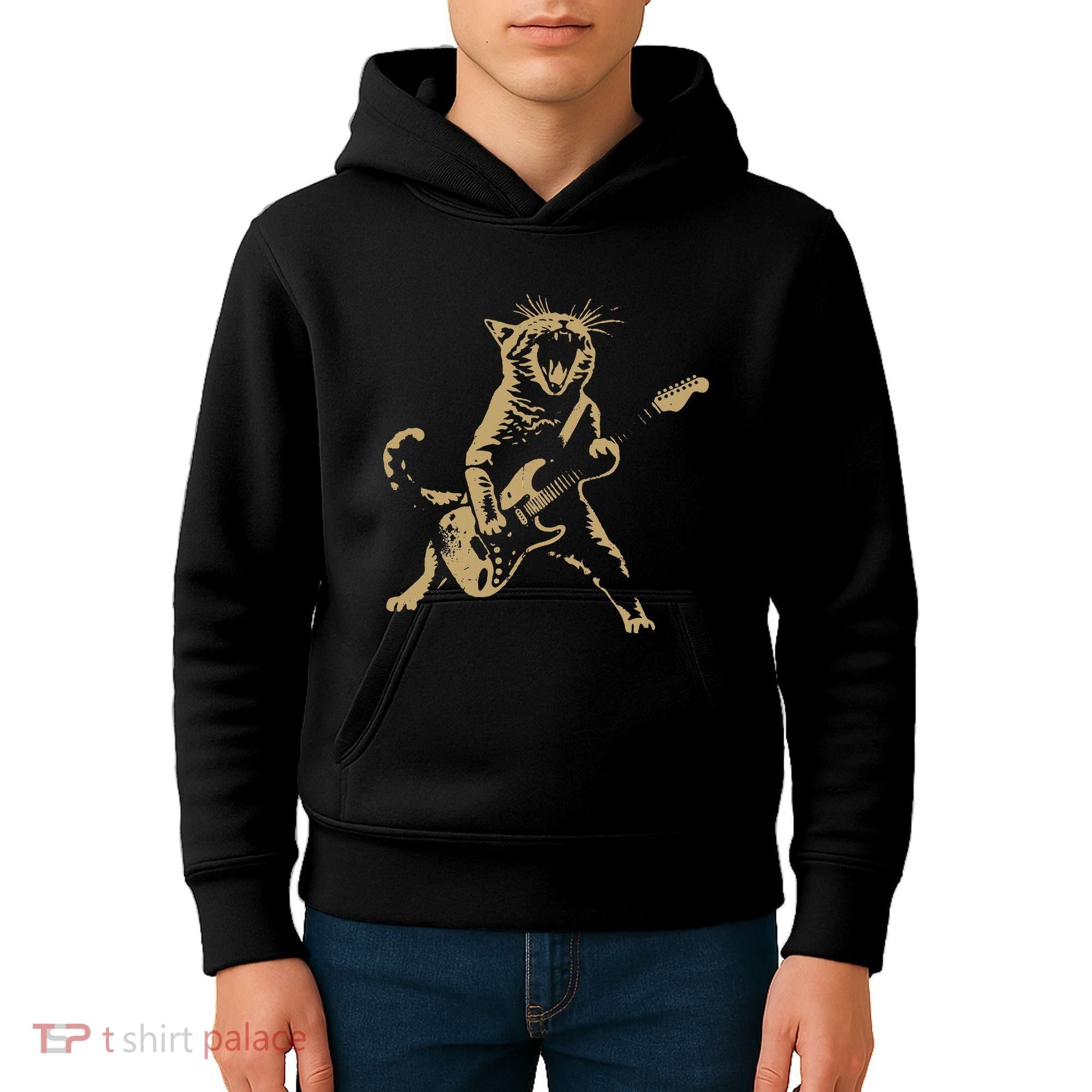 Rock Cat Playing Guitar Funny Guitar Cat Kids Hoodie