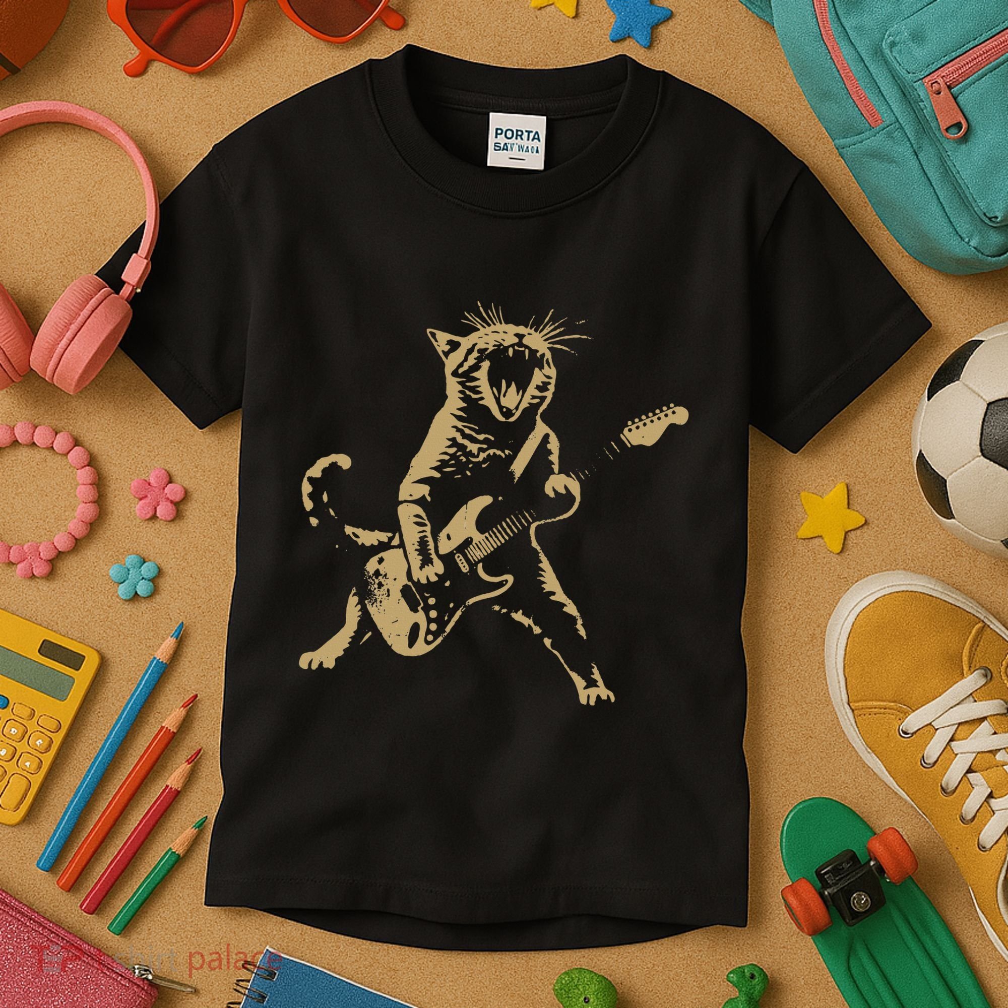 Rock Cat Playing Guitar Funny Guitar Cat Kids T-Shirt
