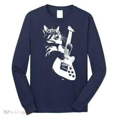 Rock Cat Playing Guitar Funny Guitar Cat Long Sleeve Shirt