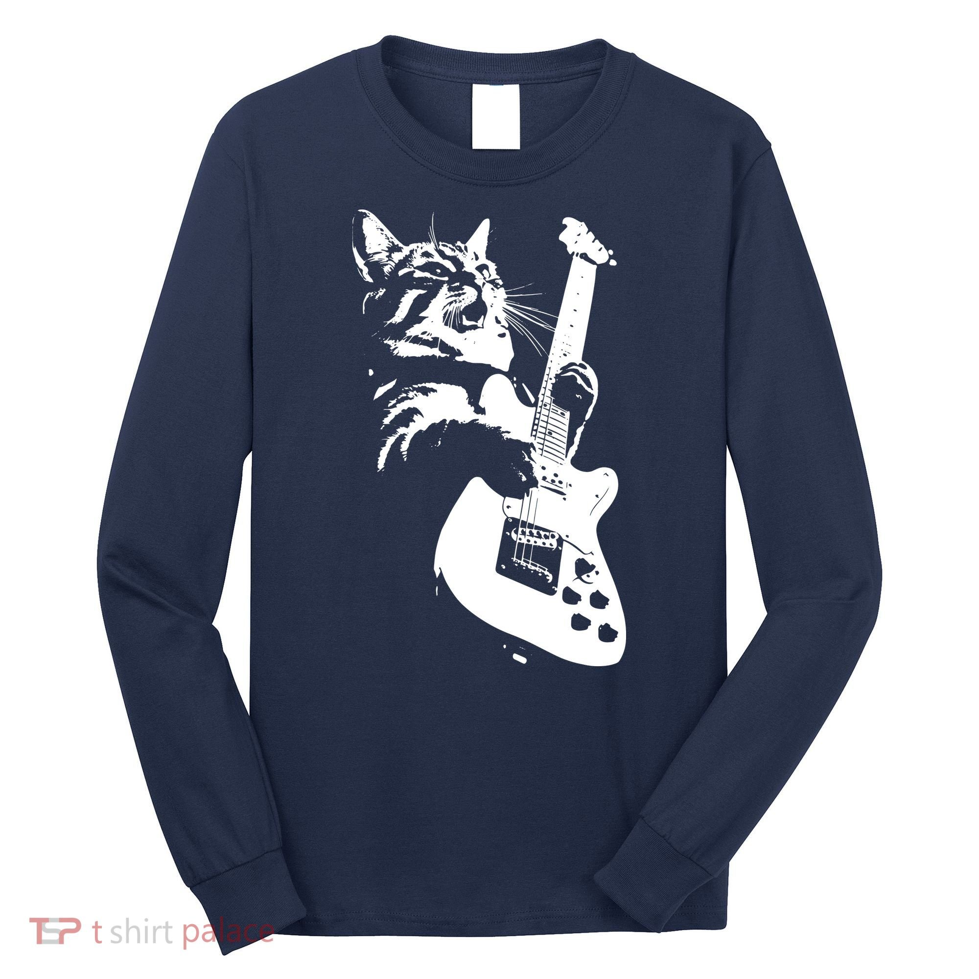 Rock Cat Playing Guitar Funny Guitar Cat Long Sleeve Shirt
