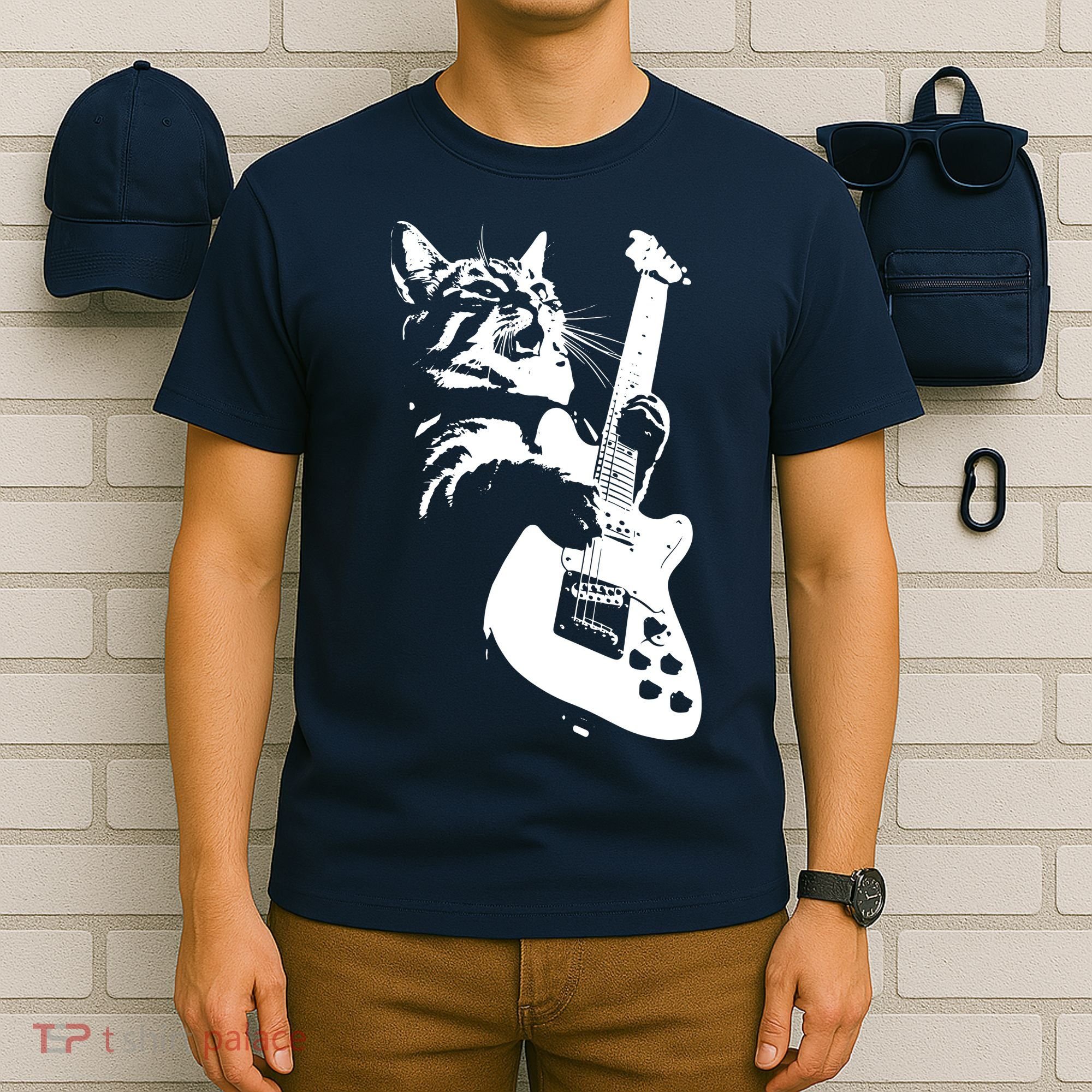 Rock Cat Playing Guitar Funny Guitar Cat T-Shirt