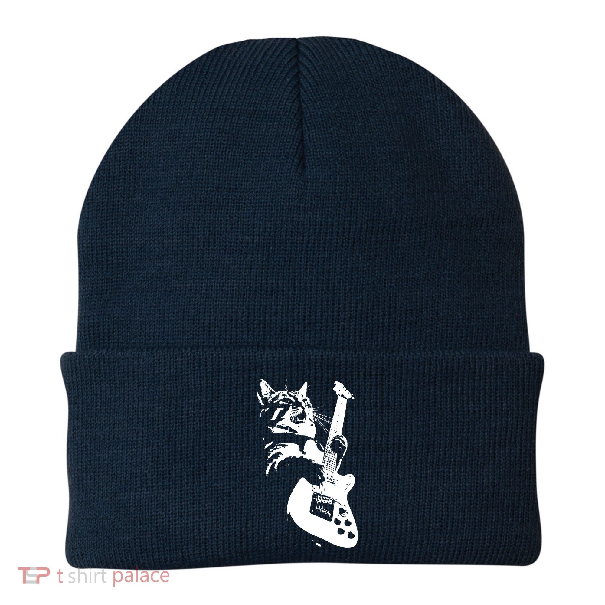 Rock Cat Playing Guitar Funny Guitar Cat Beanie