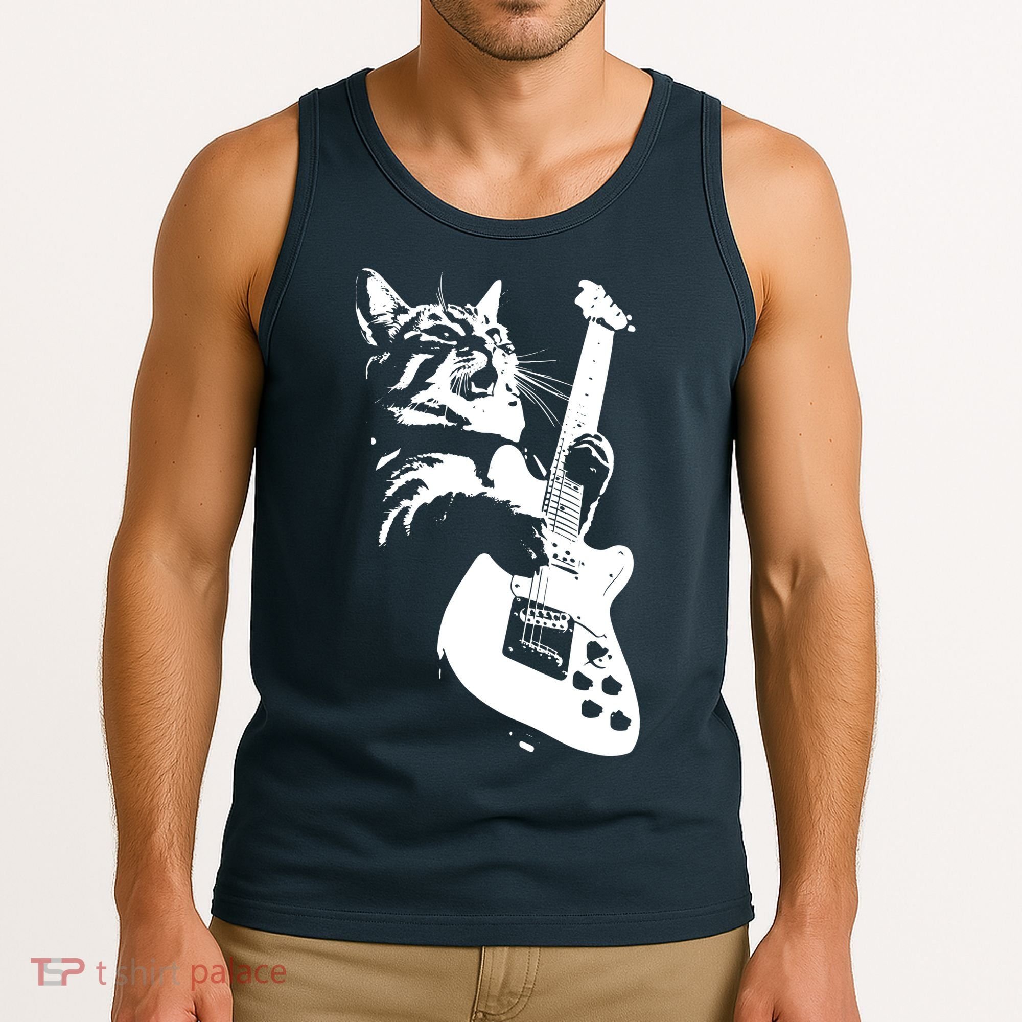 Rock Cat Playing Guitar Funny Guitar Cat Tank Top