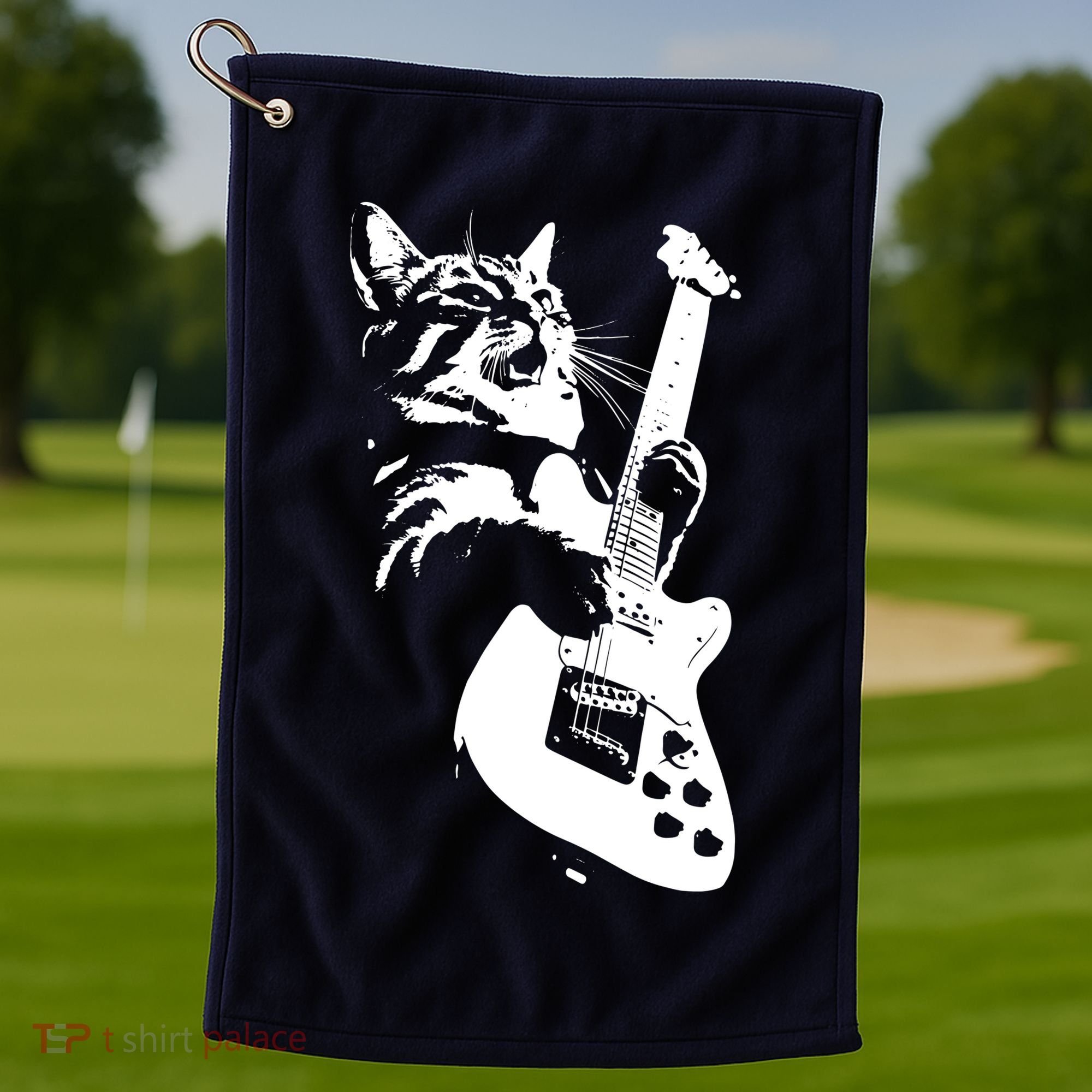 Rock Cat Playing Guitar Funny Guitar Cat Golf Towel