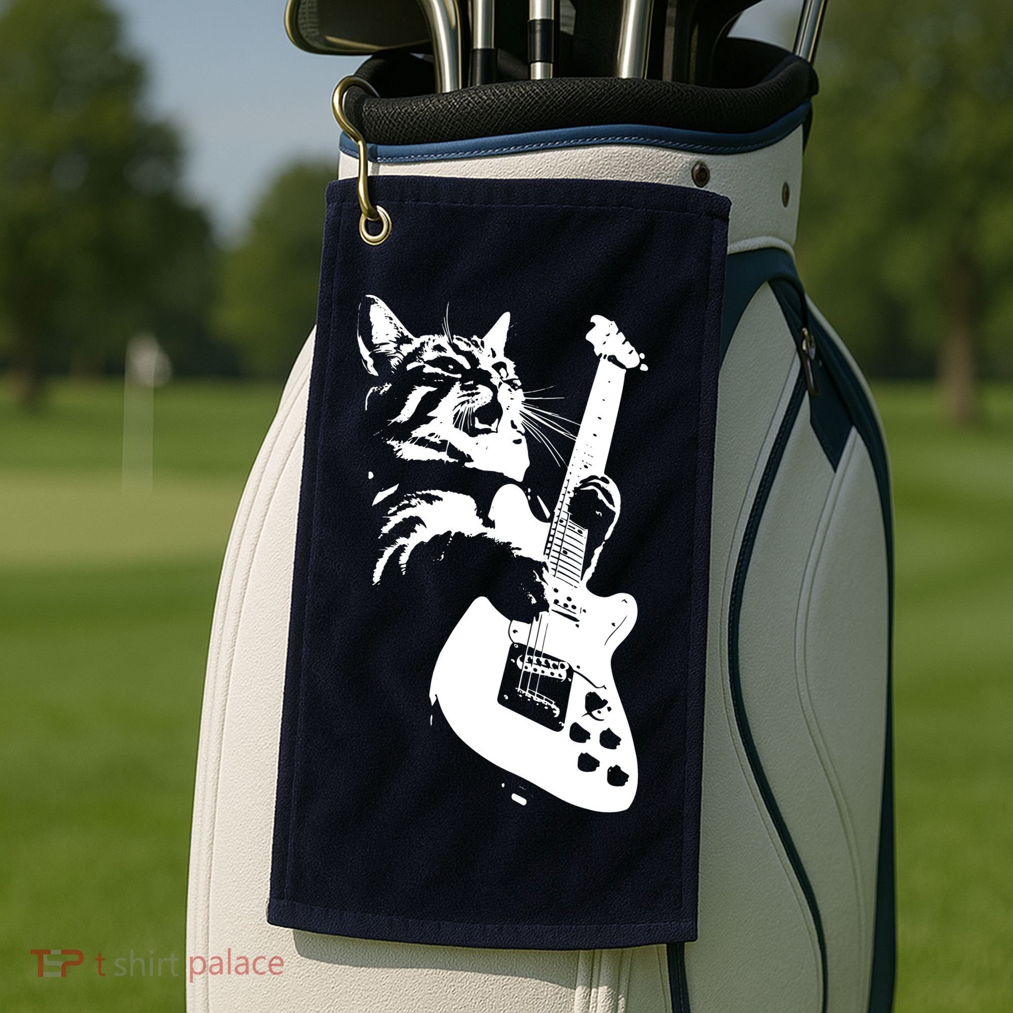 Rock Cat Playing Guitar Funny Guitar Cat Golf Towel