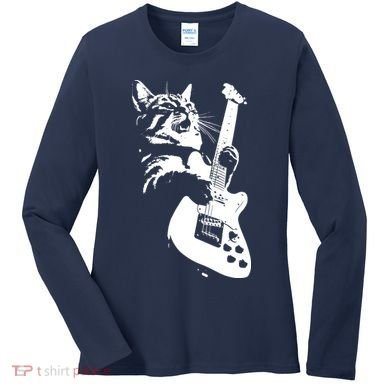 Rock Cat Playing Guitar Funny Guitar Cat Women's Long Sleeve Shirt