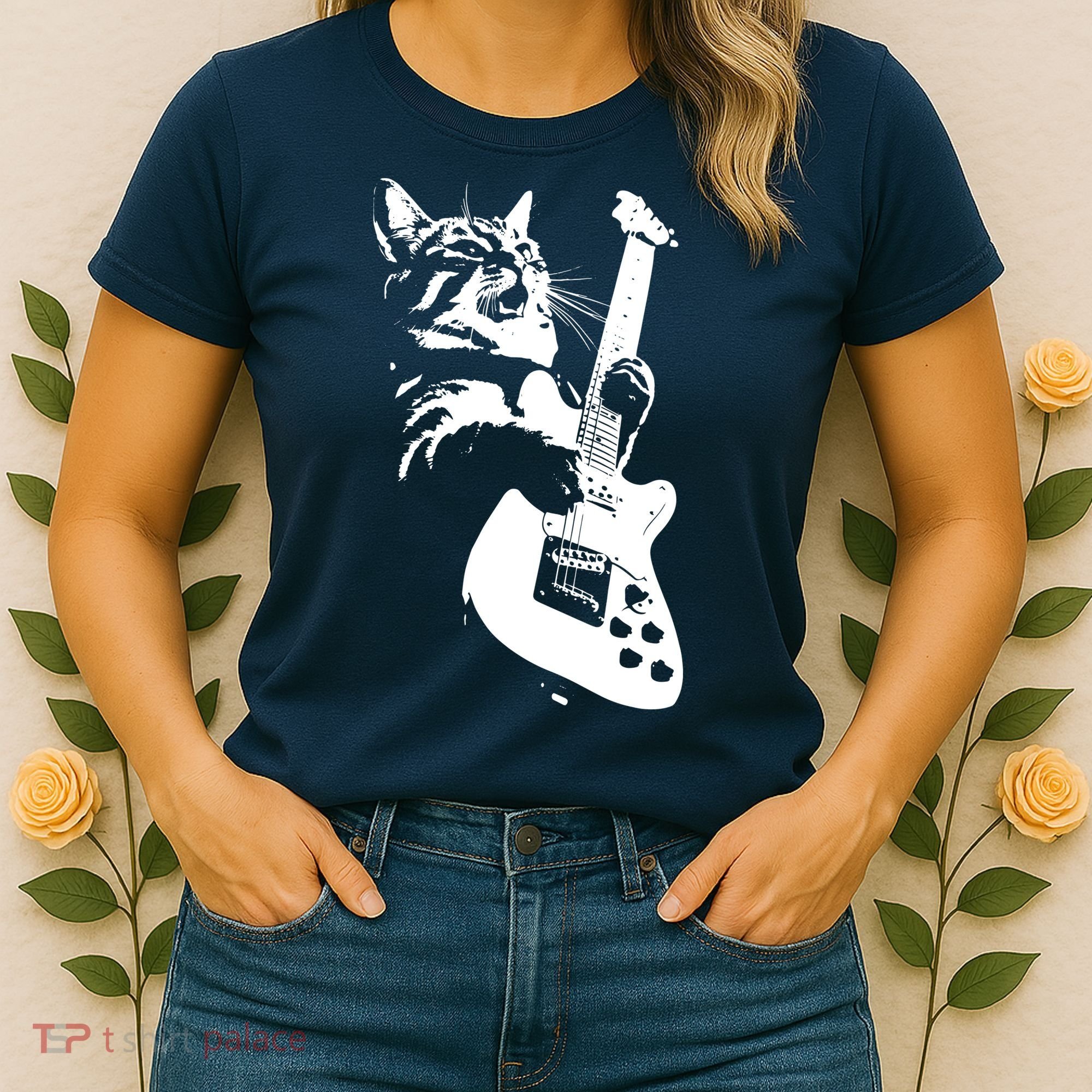 Rock Cat Playing Guitar Funny Guitar Cat Women's T-Shirt